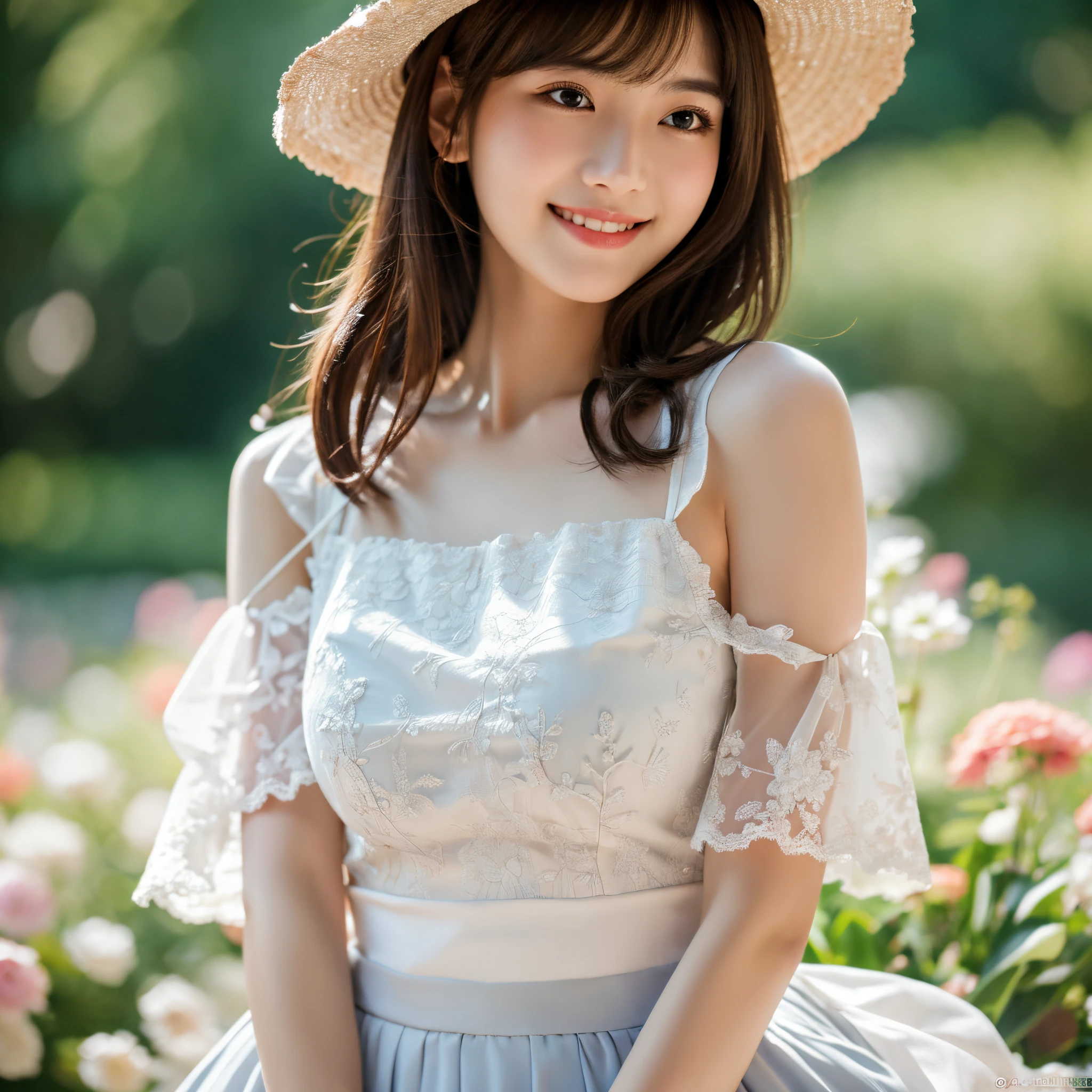 Medium view, medium shot, depth of field, bust, upper body, cinematic angle, masterpiece, best quality, super detailed, CG, 8K wallpaper, beautiful face, delicate eyes, a maiden, solo, smile, bangs, skirt, shirt, hat, dress, bow, petals, bouquet