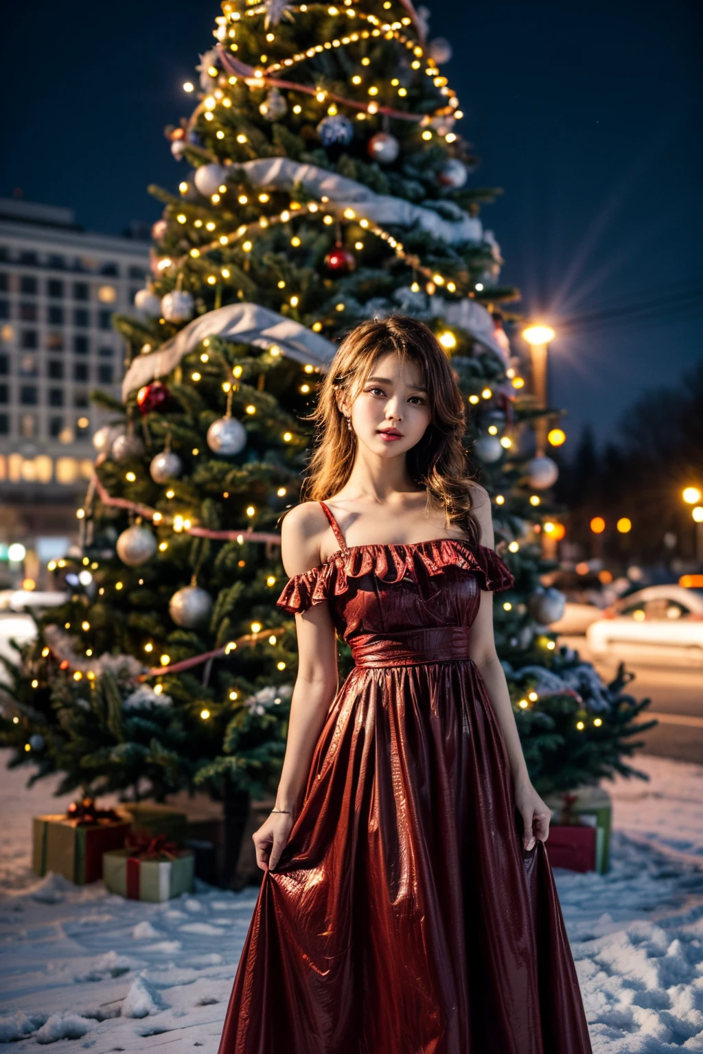 In the evening the snow was falling gently, there was a girl standing in the middle of a high-rise building, around her there were many sparkling, beautiful decorated Christmas trees, with glowing filament bulbs, the girl was beautiful. , she wore a red velvet dress,  high quality:2  raw photo, Realistic Photography