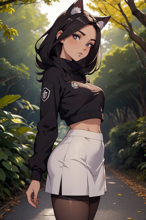 uniforme escolar, uniforme escolar japones foto de corpo inteiro, todo o corpo , cat ears on the head of a beautiful young woman wearing a short skirt, usando meias preta longas apertado ,corpo inteiro na foto,floresta a noite varias luzes,belas coxas, coxas lindas belhos olhos escuros detalhados, sueter branco apertado,maio apertado , tight pantyhose, mini saia , ceu limpo a noite com estrelas numa floresta a noite,short curto linda jovem, olhos sedutores feminino.CABELO CURTO PRETO((CABELOS CURTO PRETO)) jaqueta preta, usando jaqueta de couro apertado