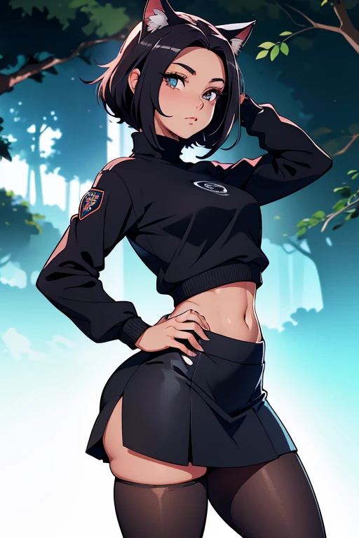 uniforme escolar, uniforme escolar japones foto de corpo inteiro, todo o corpo , cat ears on the head of a beautiful young woman wearing a short skirt, usando meias preta longas apertado ,corpo inteiro na foto,floresta a noite varias luzes,belas coxas, coxas lindas belhos olhos escuros detalhados, sueter branco apertado,maio apertado , tight pantyhose, mini saia , ceu limpo a noite com estrelas numa floresta a noite,short curto linda jovem, olhos sedutores feminino.CABELO CURTO PRETO((CABELOS CURTO PRETO)) jaqueta preta, usando jaqueta de couro apertado