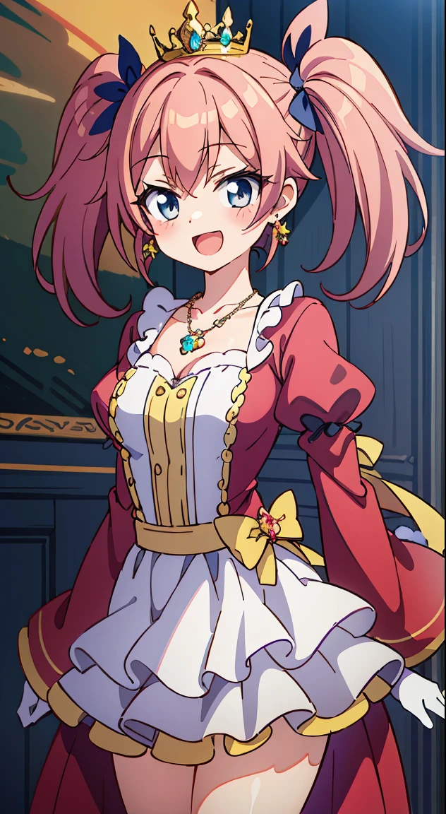(masutepiece, Best Quality, Perfect ???????, High quality:1.4), nice hand, Perfect hands, Detailed beautiful hands, Large_filesize, fulcolor, hight resolution, symmetric, exceptional, Best aesthetic, newest, Anime, very beautiful detailed body、Have、The eye, 

BREAK,



 1 beautiful girl, Solo,(Cute:1.5),(Chibi:0.8), (kawaii:1.5),(Lori:0.5), BREAK, (girl, Cute, Cheerful, Loli face, medium breasts:1.2),(Pink hair,disheveled short twin tails,tareme,Gold eyes:1.2),gleaming skin,Clear skin, cleavage of the breast,Beautiful , gleaming skin,Clear skin, Beautiful skin,( A smile:1.5),(best quality face),(Top quality glowing eyes), (Doya face,brave face:1.45),BREAK (Princess), (((Elegant))), (queen jewel crown:1.3),goddess like,Golden lingerie, red capelet, bow ribbon, White Gloves, Pink dress, frilld:1.6),(princess fantasy jewelry dress, Layered sleeves,Jewelry Necklaces,Ruby Earrings:1.5), put hands on the hip, Smile, Open mouth,slutty makeup,BREAK,(natta), outside of house,In front of the castle,High Fence,Big gate,Guard,Sunny,depth of fields,

 BREAK,wakame,wakame,wakame,(Cowboy Shot:1.4), 

BREAK,(Blurry background:1.3),(absurderes, hight resolution, Super Detail Art),cel shading,Clear Color, Lonely optical effect, Beautiful pictures, Bright glow, mystic atmosphere,(Close-up of girl:1.1), Mystical light particle effect,manga influence, clean line drawings,
