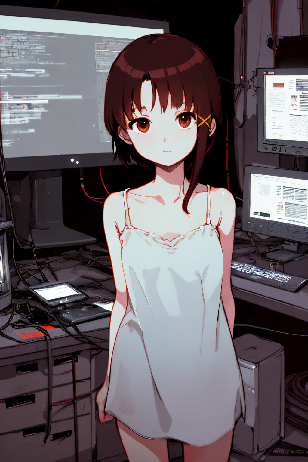 1girl, iwakura lain, brown eyes, camlain, white camisole, indoors, dark room,cyberpunk, computers, digital noise, computer cables, network, dark,