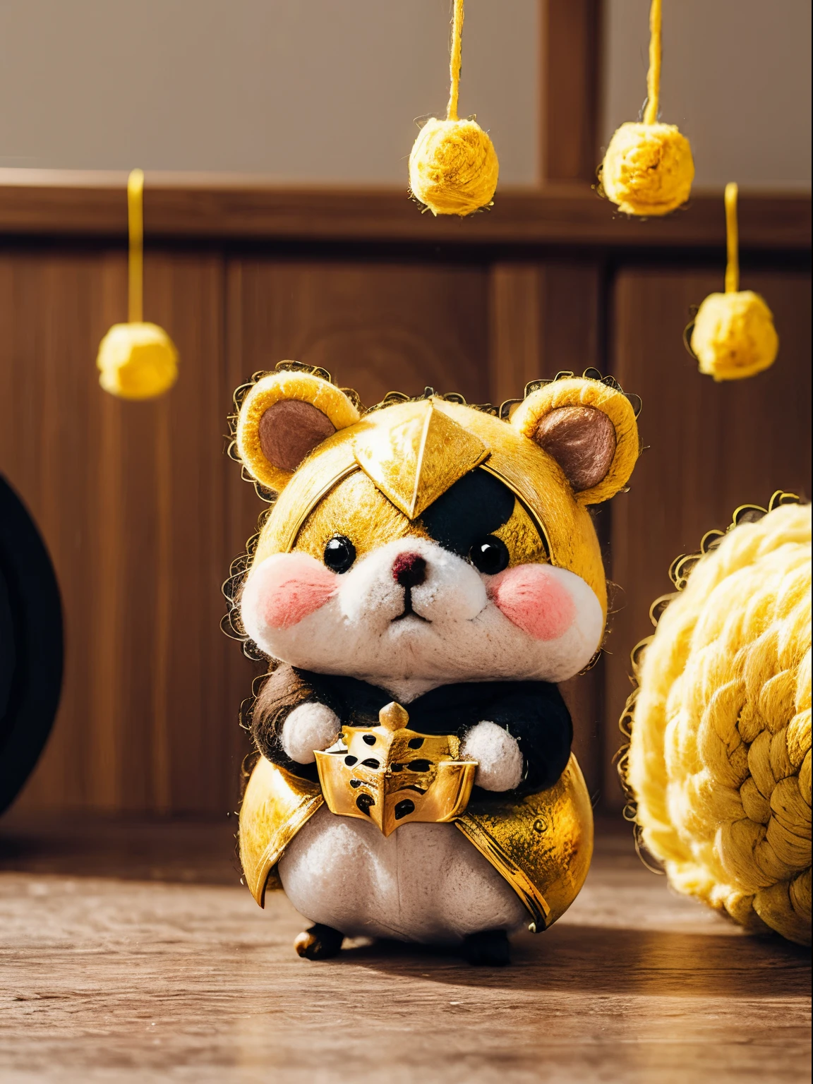 A cute hamster wearing medieval armor, Castle interior background, vague background, wool felt, tchibi, tmasterpiece,Best quality at best,