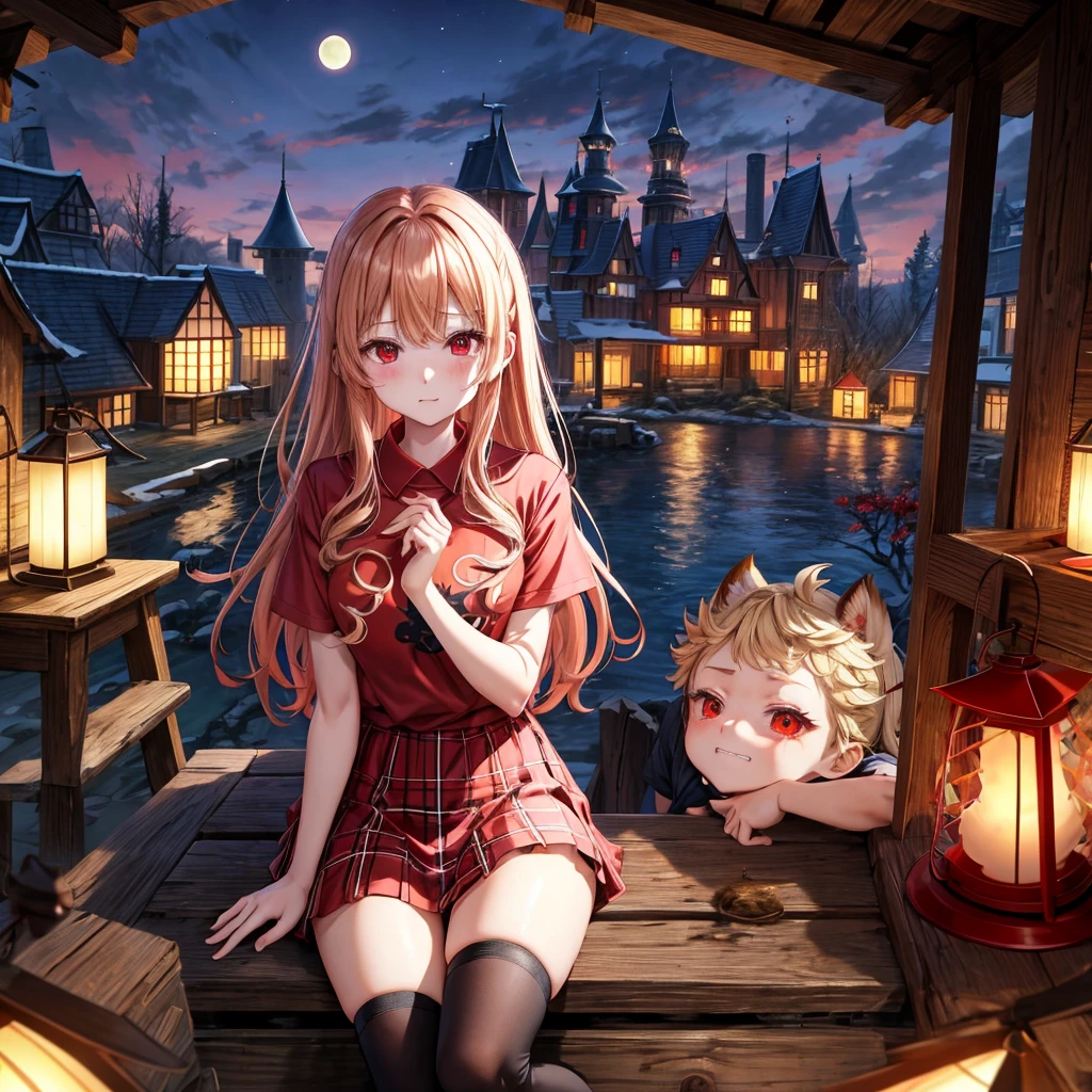 Red-blonde、red eyes、one good looking girl、独奏、animesque、lightly dressed、Plaid miniskirt、wetting hair、sitting on、Black T-shirt、rotting wood、fullmoon、monster castle、lantern、I have a wad of children&#39;s bank notes.