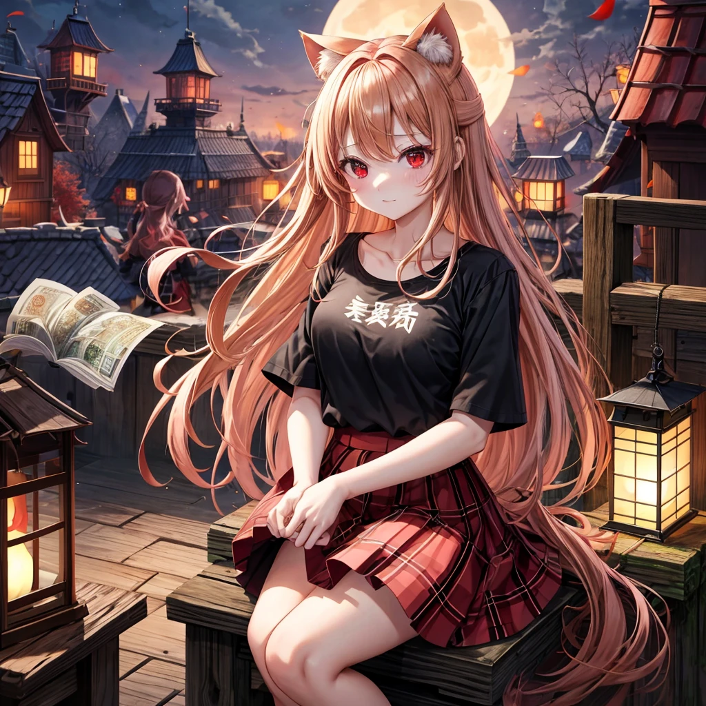 Red-blonde、red eyes、one good looking girl、独奏、animesque、lightly dressed、Plaid miniskirt、wetting hair、sitting on、Black T-shirt、rotting wood、fullmoon、monster castle、lantern、I have a wad of children&#39;s bank notes.