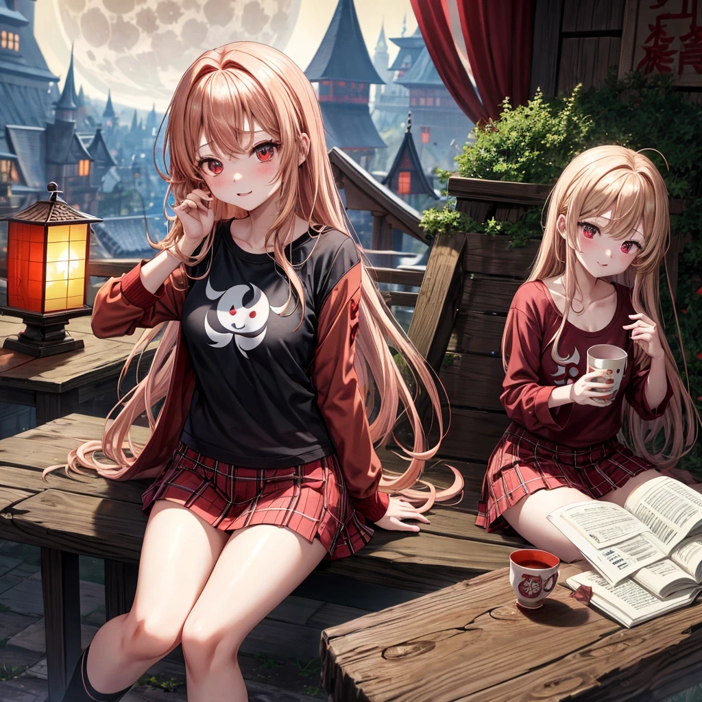 Red-blonde、red eyes、one good looking girl、独奏、animesque、lightly dressed、Plaid miniskirt、wetting hair、sitting on、Black T-shirt、rotting wood、fullmoon、monster castle、lantern、I have a wad of children's bank notes.