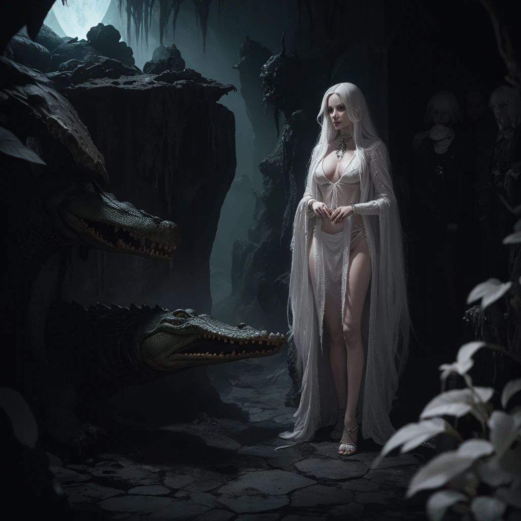 Alligator head witch with woman body, com garras, alligator head and a horrifying voice, long and messy white hair, pale skinned, Corpo inteiro, sombrio, in front of a huge boiling cauldron, cem uma caverna, imagem 4k