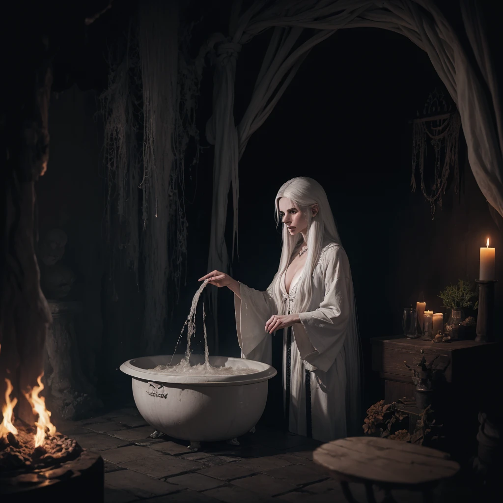 Alligator head witch with woman body, com garras, alligator head and a horrifying voice, long and messy white hair, pale skinned, Corpo inteiro, sombrio, in front of a huge boiling cauldron, cem uma caverna, imagem 4k