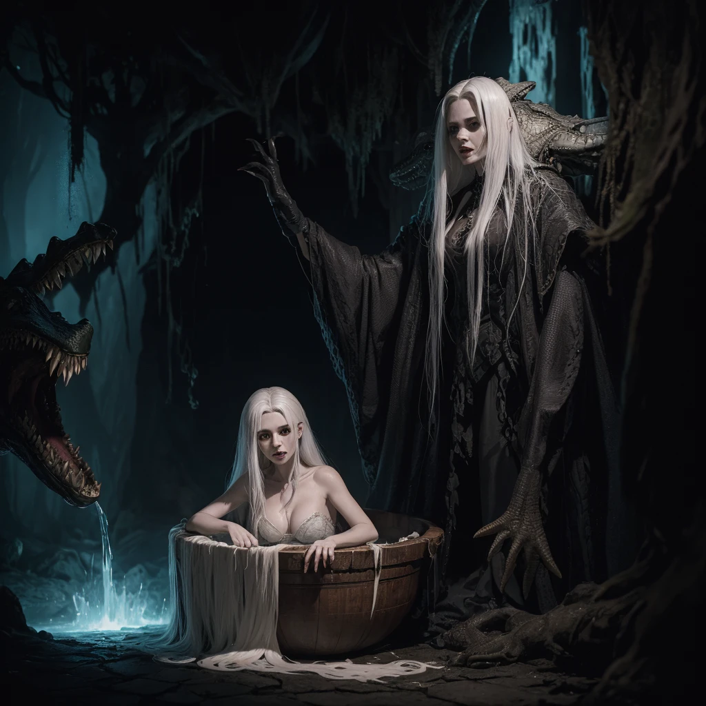 Alligator head witch with woman body, com garras, alligator head and a horrifying voice, long and messy white hair, pale skinned, Corpo inteiro, sombrio, in front of a huge boiling cauldron, cem uma caverna, imagem 4k