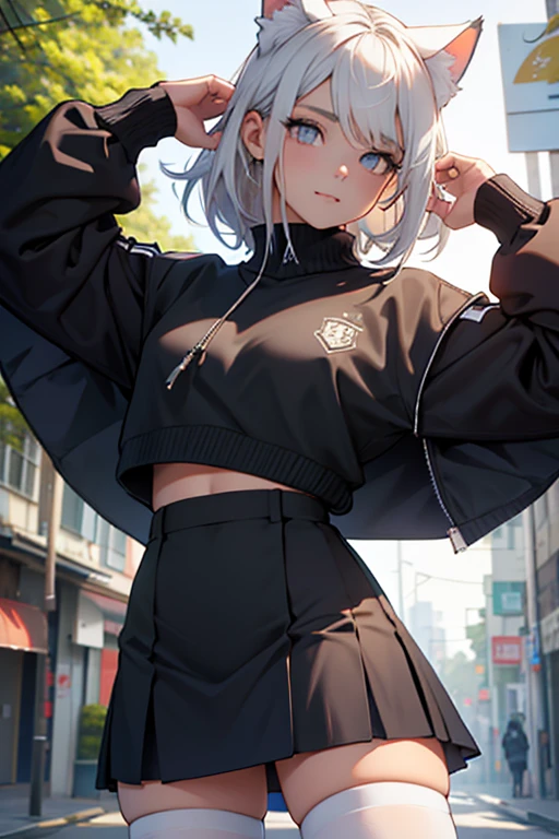 uniforme escolar, uniforme escolar japones foto de corpo inteiro, todo o corpo , cat ears on the head of a beautiful young woman wearing a short skirt, usando meias preta longas apertado ,corpo inteiro na foto,floresta a noite varias luzes,belas coxas, coxas lindas belhos olhos escuros detalhados, sueter branco apertado,maio apertado , tight pantyhose, mini saia , ceu limpo a noite com estrelas numa floresta a noite,short curto linda jovem, olhos sedutores feminino.CABELO CURTO PRETO((CABELOS CURTO PRETO)) jaqueta preta, usando jaqueta de couro apertado belos olhos pretos
