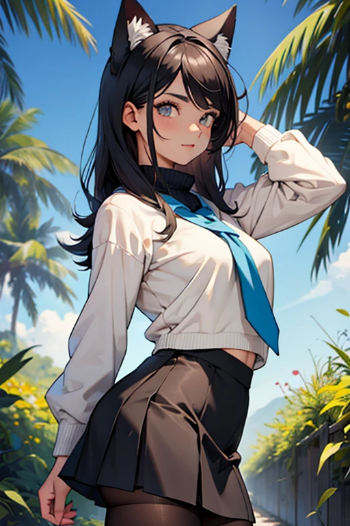 uniforme escolar, uniforme escolar japones foto de corpo inteiro, todo o corpo , cat ears on the head of a beautiful young woman wearing a short skirt, usando meias preta longas apertado ,corpo inteiro na foto,floresta a noite varias luzes,belas coxas, coxas lindas belhos olhos escuros detalhados, sueter branco apertado,maio apertado , tight pantyhose, mini saia , ceu limpo a noite com estrelas numa floresta a noite,short curto linda jovem, olhos sedutores feminino.CABELO CURTO PRETO((CABELOS CURTO PRETO)) jaqueta preta, usando jaqueta de couro apertado belos olhos pretos