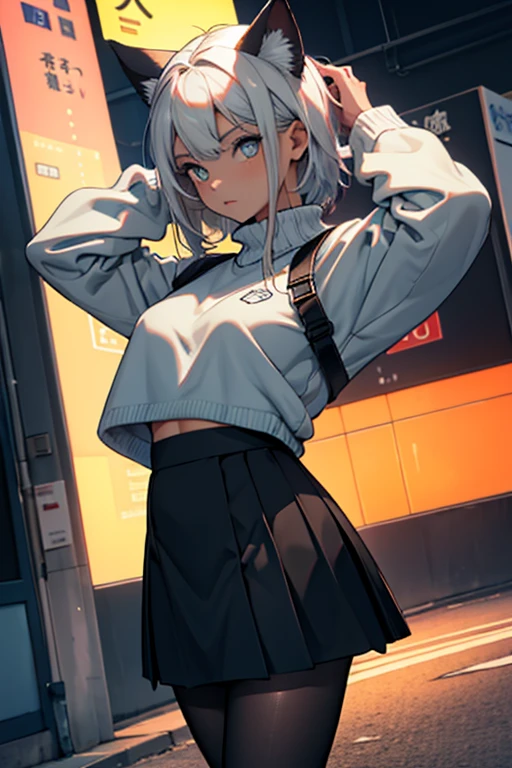 uniforme escolar, uniforme escolar japones foto de corpo inteiro, todo o corpo , cat ears on the head of a beautiful young woman wearing a short skirt, usando meias preta longas apertado ,corpo inteiro na foto,floresta a noite varias luzes,belas coxas, coxas lindas belhos olhos escuros detalhados, sueter branco apertado,maio apertado , tight pantyhose, mini saia , ceu limpo a noite com estrelas numa floresta a noite,short curto linda jovem, olhos sedutores feminino.CABELO CURTO PRETO((CABELOS CURTO PRETO)) jaqueta preta, usando jaqueta de couro apertado belos olhos pretos