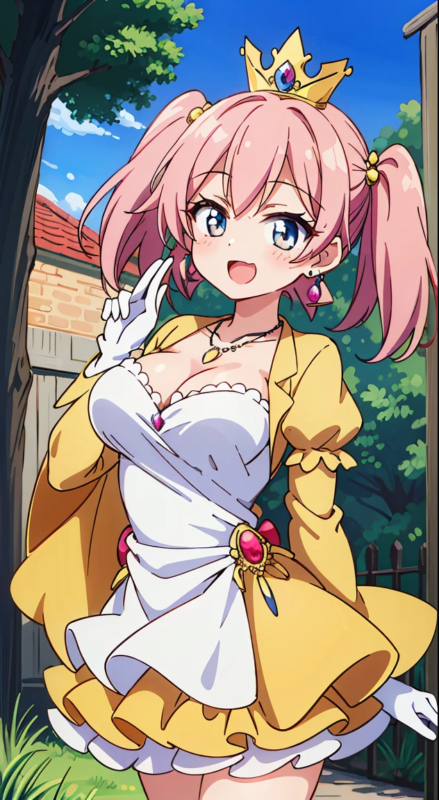 (masutepiece, Best Quality, Perfect Anatomy, High quality:1.4), nice hand, Perfect hands, Detailed beautiful hands, Large_filesize, fulcolor, hight resolution, symmetric, exceptional, Best aesthetic, newest, Anime, very beautiful detailed body、Have、The eye,
BREAK,
1 beautiful girl, Solo,(Cute:1.5),(Chibi:0.8), (kawaii:1.5),(Lori:0.5), BREAK, (girl, Cute, Cheerful, Loli face, medium breasts:1.2),(Pink hair,disheveled short twin tails,tareme,Gold eyes:1.2),gleaming skin,Clear skin, cleavage of the breast,Beautiful , gleaming skin,Clear skin, Beautiful skin,( A smile:1.5),(best quality face),(Top quality glowing eyes), (Doya face,brave face:1.45),BREAK (Princess), (((Elegant))), (queen jewel crown:1.3),goddess like,Golden lingerie, red capelet, bow ribbon, White Gloves, Pink dress, frilld:1.6),(princess fantasy jewelry dress, Layered sleeves,Jewelry Necklaces,Ruby Earrings:1.5), put hands on the hip, Smile, Open mouth,slutty makeup,BREAK,(natta), outside of house,In front of the castle,High Fence,big iron castle gate,Guard,Sunny,depth of fields,
BREAK,wakame,wakame,wakame,(Cowboy Shot:1.4),
BREAK,(Blurry background:1.3),(absurderes, hight resolution, Super Detail Art),cel shading,Clear Color, Lonely optical effect, Beautiful pictures, Bright glow, mystic atmosphere,(Close-up of girl:1.1), Mystical light particle effect,manga influence, clean line drawings,