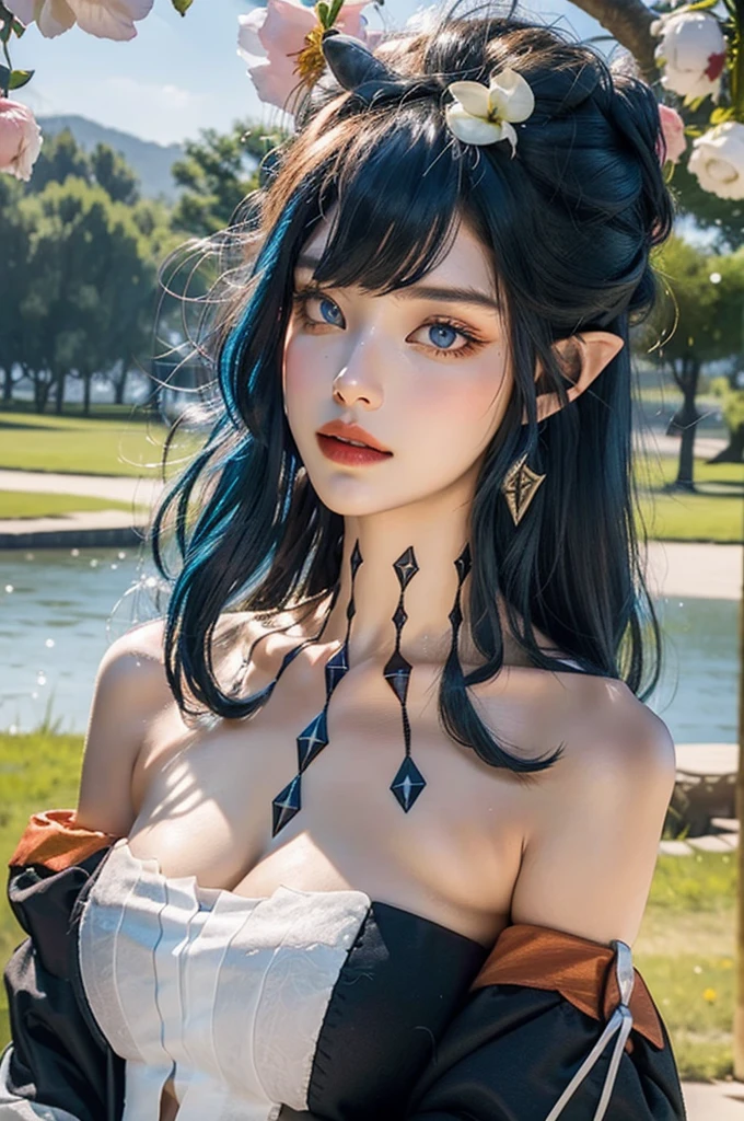 (actual, realisticlying),(cow boy shot), ((closeup cleavage)), layla_the original god, Blue hair, long whitr hair, yellow-eyed, pointy ears, of shoulders, blue separate sleeves, The upper part of the body, masterpiece ng, high qulity, Best quality at best), (Colorful),(delicate eyes and face), volumettic light, Ray traching, Bust photo ,extremely detaild的 CG unified 8k wallpapers,Alone((Fly petaleadow with flowers) Skysky, blue-sky, and the sun was shining brightly, optic, fanciful, Windy, magic sparks, Outdoor activities, parks, The tree, blossoms, lake,