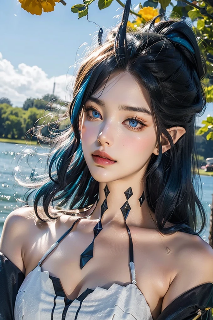 (actual, realisticlying),(cow boy shot), ((closeup cleavage)), layla_the original god, Blue hair, long whitr hair, yellow-eyed, pointy ears, of shoulders, blue separate sleeves, The upper part of the body, masterpiece ng, high qulity, Best quality at best), (Colorful),(delicate eyes and face), volumettic light, Ray traching, Bust photo ,extremely detaild的 CG unified 8k wallpapers,Alone((Fly petaleadow with flowers) Skysky, blue-sky, and the sun was shining brightly, optic, fanciful, Windy, magic sparks, Outdoor activities, parks, The tree, blossoms, lake,