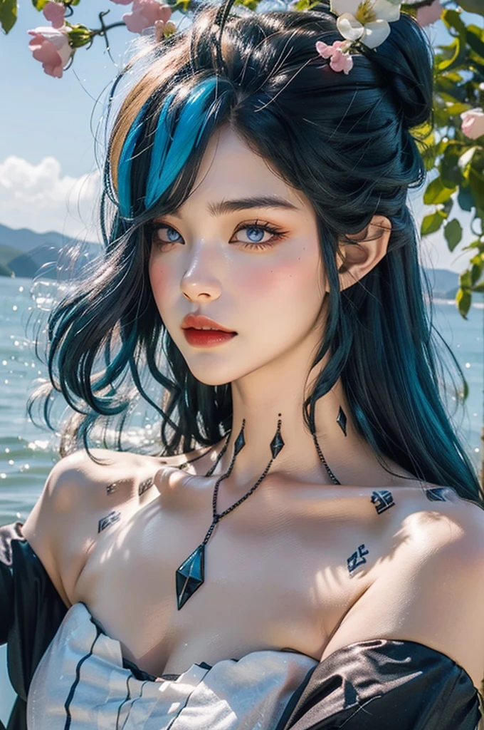 (actual, realisticlying),(cow boy shot), ((closeup cleavage)), layla_the original god, Blue hair, long whitr hair, yellow-eyed, pointy ears, of shoulders, blue separate sleeves, The upper part of the body, masterpiece ng, high qulity, Best quality at best), (Colorful),(delicate eyes and face), volumettic light, Ray traching, Bust photo ,extremely detaild的 CG unified 8k wallpapers,Alone((Fly petaleadow with flowers) Skysky, blue-sky, and the sun was shining brightly, optic, fanciful, Windy, magic sparks, Outdoor activities, parks, The tree, blossoms, lake,