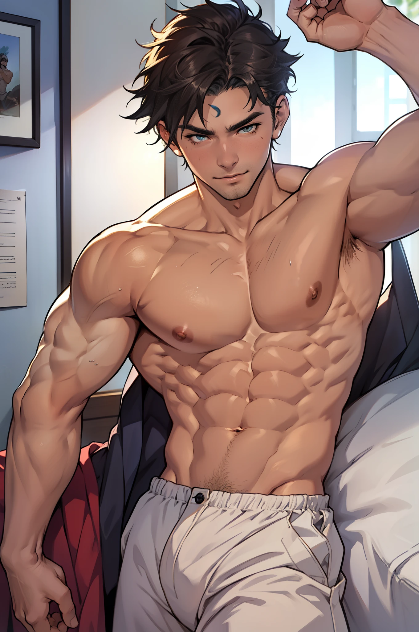 A mais alta qualidade de imagem，Pessoas do sexo masculino，Child，1 menino，jovem e bonito，Shoun，cabelos Castanho，Cabelo liso curto，Pele escura，Anime peito grande，anime wallpaper，sozinho，Foco Masculino，just in underwear ，Dilation of the pectoral muscles，Virilha saliente，Fundo Urbano，Espalhe as pernas，sexy,(master part, best quality)，without the shirt, flexing your muscles, Fazendo cara de safado, Big chest, lying on a bed in just underwear, nsfw, hot abs, big muscular chest