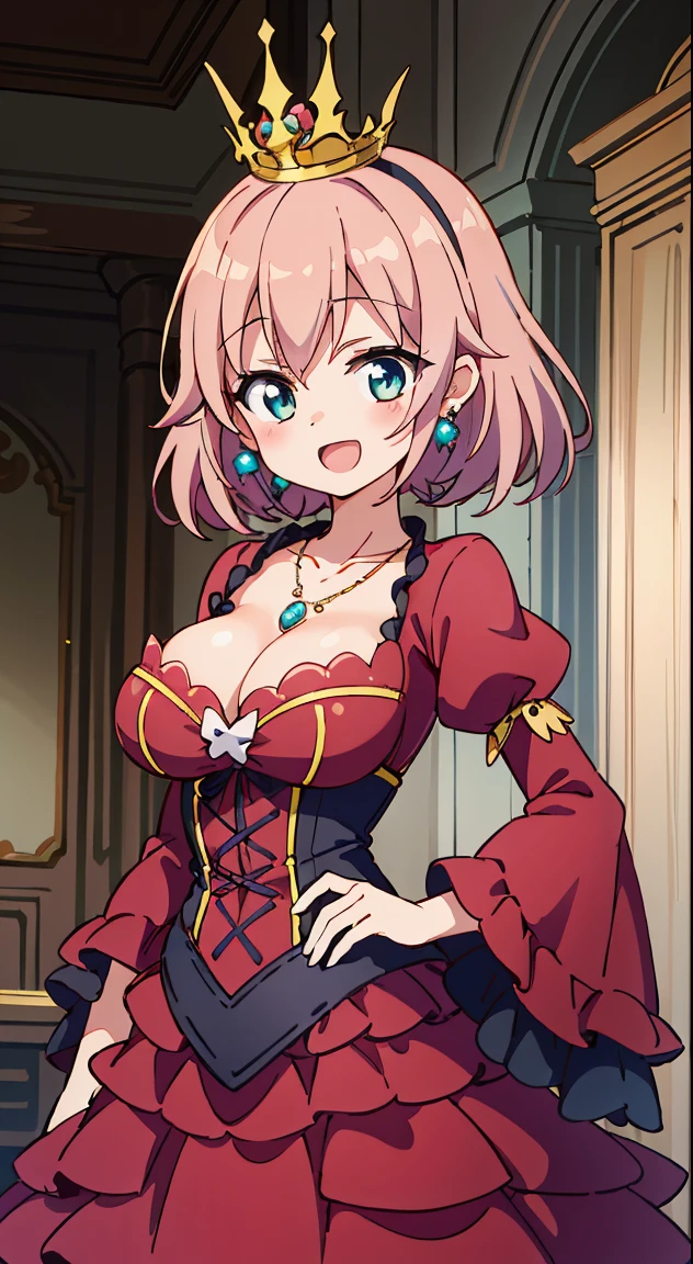 (masutepiece, Best Quality, Perfect Anatomy, High quality:1.4), nice hand, Perfect hands, Detailed beautiful hands, Large_filesize, fulcolor, hight resolution, symmetric, exceptional, Best aesthetic, newest, Anime, very beautiful detailed body、Have、The eye,
BREAK,
1 beautiful girl, Solo,(Cute:1.5),(Chibi:0.8), (kawaii:1.5),(Lori:0.5), BREAK, (girl, Cute, Cheerful, face, medium breasts:1.2),(Pink hair,disheveled short twin tails,tareme,Gold eyes:1.2),gleaming skin,Clear skin, cleavage of the breast,Beautiful , gleaming skin,Clear skin, Beautiful skin,( A smile:1.5),(best quality face),(Top quality glowing eyes), (Doya face,brave face:1.45),BREAK (Princess), (((Elegant))), (queen jewel crown:1.3),goddess like,Golden lingerie, red capelet, bow ribbon, White Gloves, Pink dress, frilld:1.6),(princess fantasy jewelry dress, Layered sleeves,Jewelry Necklaces,Ruby Earrings:1.5), put hands on the hip, Smile, Open mouth,slutty makeup,BREAK,(natta), outside of house,In front of the castle,High Fence,big iron castle gate,Guard,Sunny,depth of fields,
BREAK,wakame,wakame,wakame,(Cowboy Shot:1.4),
BREAK,(Blurry background:1.3),(absurderes, hight resolution, Super Detail Art),cel shading,Clear Color, Lonely optical effect, Beautiful pictures, Bright glow, mystic atmosphere,(Close-up of girl:1.1), Mystical light particle effect,manga influence, clean line drawings,