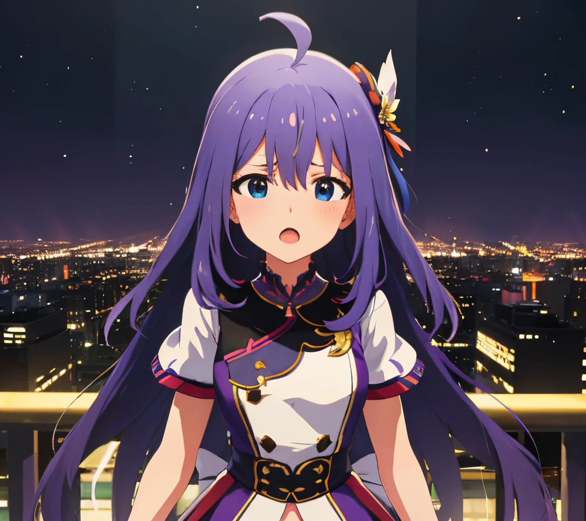 {{{{{mochizuki anna}}}}},1girl,solo,long hair,purple hair,small_ahoge,blue eyes.short stature.idol clothes.skirt.beret.(((masterpiece))).(((best quality))).((ultra-detailed))).(((illustration))).night view.small Breasts.Sad face.open mouth