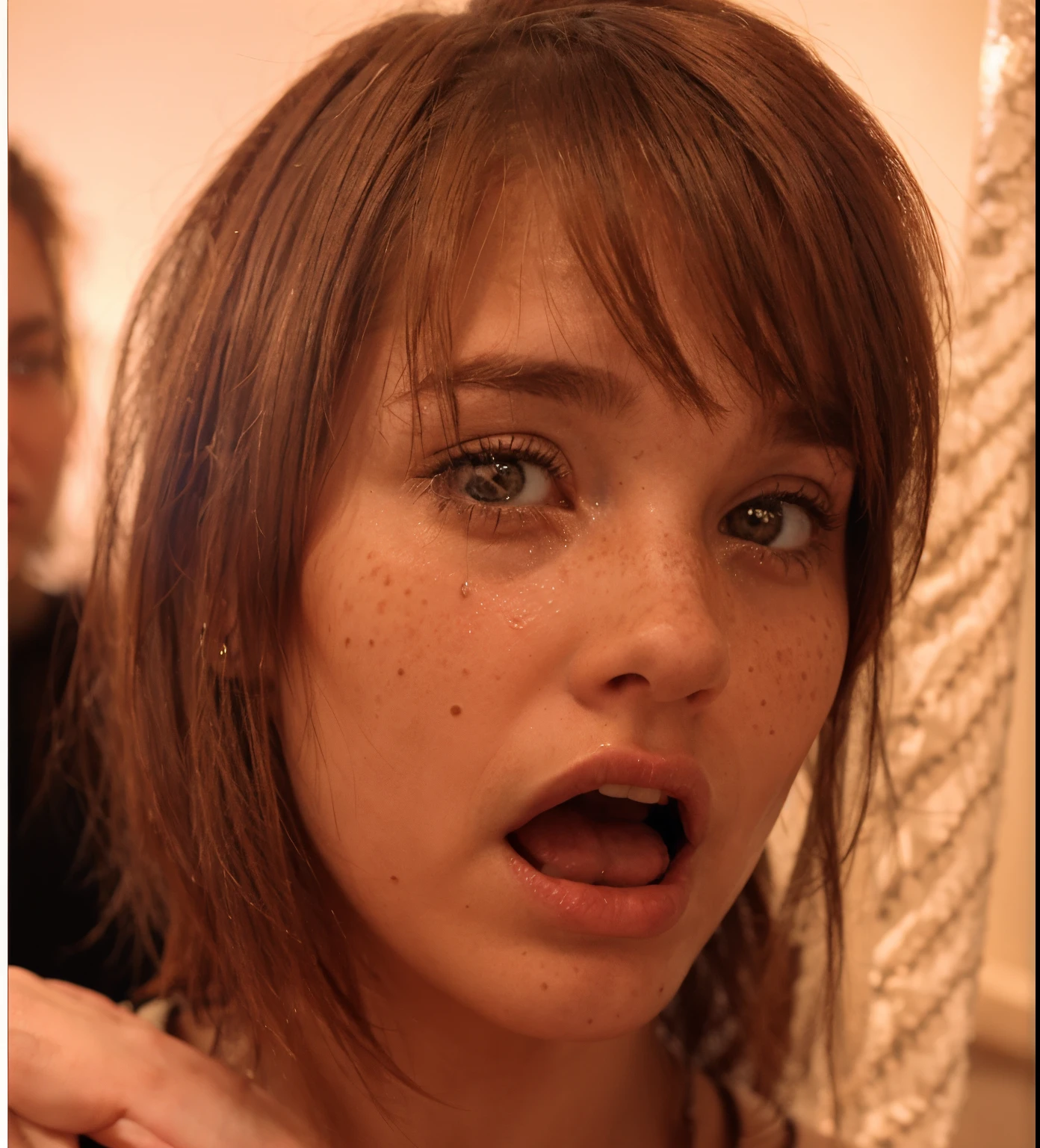 Woman, many freckles, sad, crying