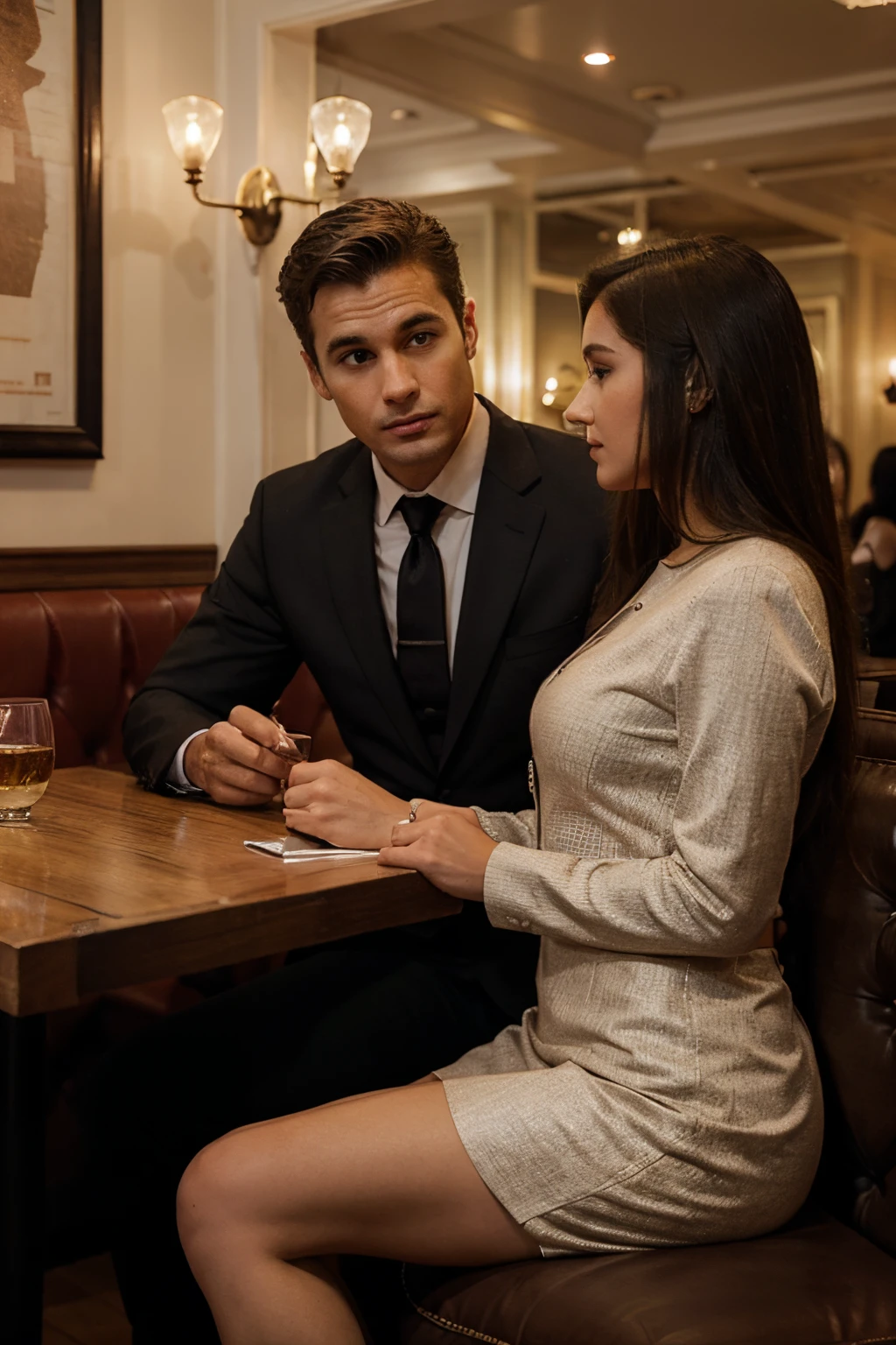 man in a suit talking to an elegant girl in a restaurant