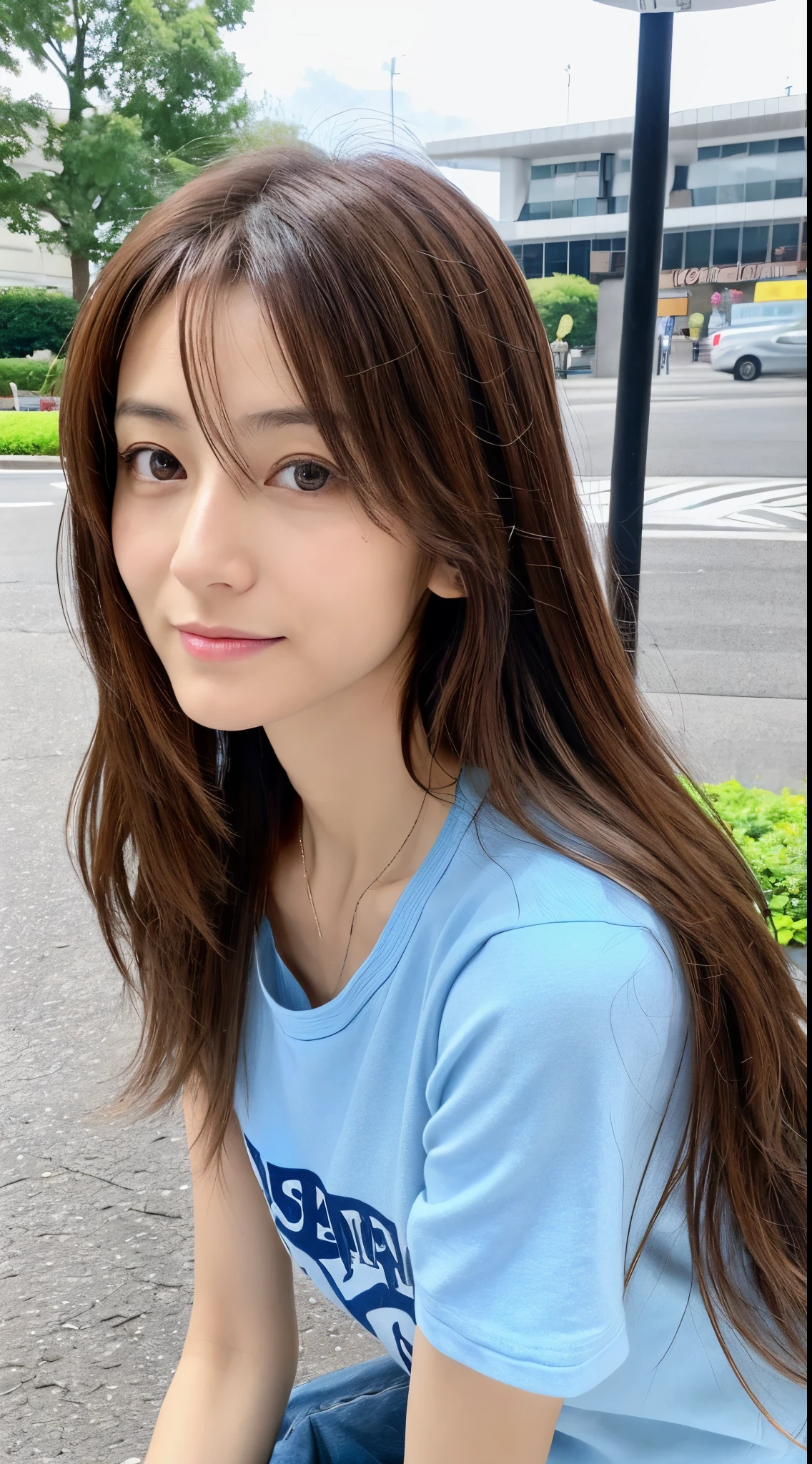 (High reality photograph, high resolusion, detailed face, detailed eyes) Japanese lady, 40 years old, cute face, skinny figure, very skinny waist, long wavy hair, alone in a photo, casual clothes