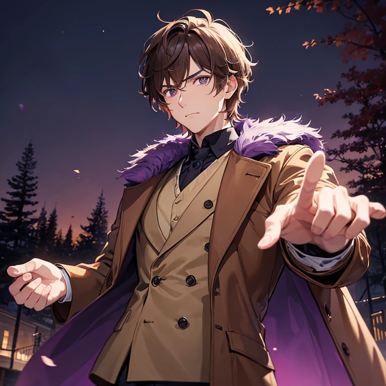guy, hair - disheveled, Brown, wearing a beige coat, one hand in your pocket and the other pointing to the left, there's a purple glow coming from this hand, background - autumn landscape, there is a purple aura around the guy like in the anime