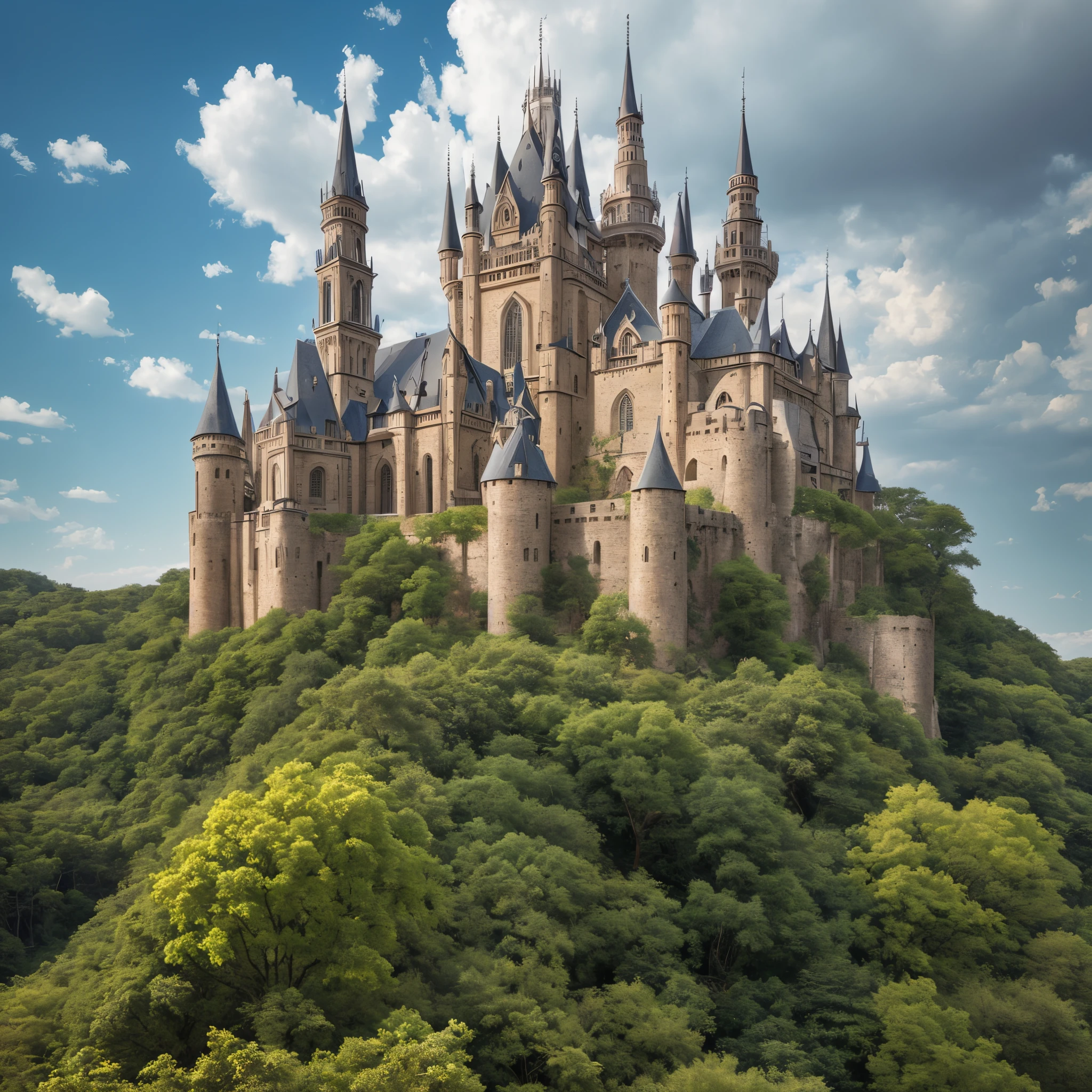 Huge big castle, Complex rooftop greening standing on a mountain. It a floating ship and has a fantasy structure, Aerial buildings and crystals, And the trees growing below々. Very strong fantasy elements. The bridge over the castle 、a person々excites you to go there. There a large statue of the goddess that serves as a symbol. Some churches have many people coming to pray every day. --auto --s2