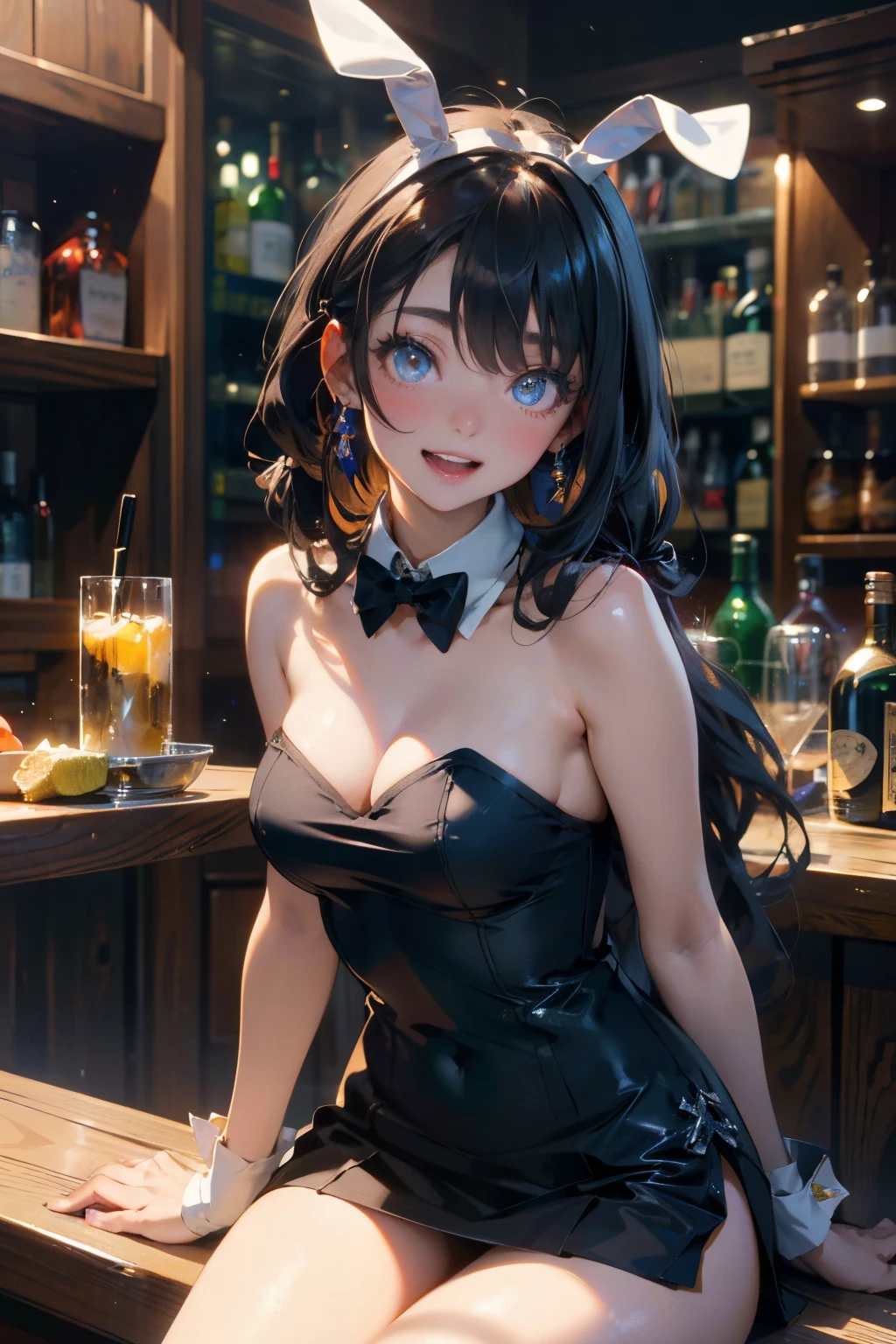 a 20 yo woman、Black blue Hair、poneyTail、Bun hair、Big smile、iridescent eye op fade:1.3)、dark themed、Muted Tones、Subdued Color、highly contrast、qipao dress、(natural skin textures、Hyper-Realism、Soft light、sharp)、(top-quality、in 8K、32K、masterpiece、nffsw、ighly detailed、Impresionismo、Photorealsitic:1.2)、Full body, (a bar counter、shop front:1.4)、deep-shadows、detailed faces and eyes、beauitful face、blurry backround、20-year-old beauty、shinny skin, Beautiful wavy golden hair、 poneyTail、Blue eyes、beauitful face、blurry backround、Playboy Bunny Girl、High-cut leotards、a bow tie、White cuffs、Thighs wrapped in fishnet stockings、Black rabbit ears、Have a tray of liquor、crouching down、An embarrassed smile with an open mouth、Curve、