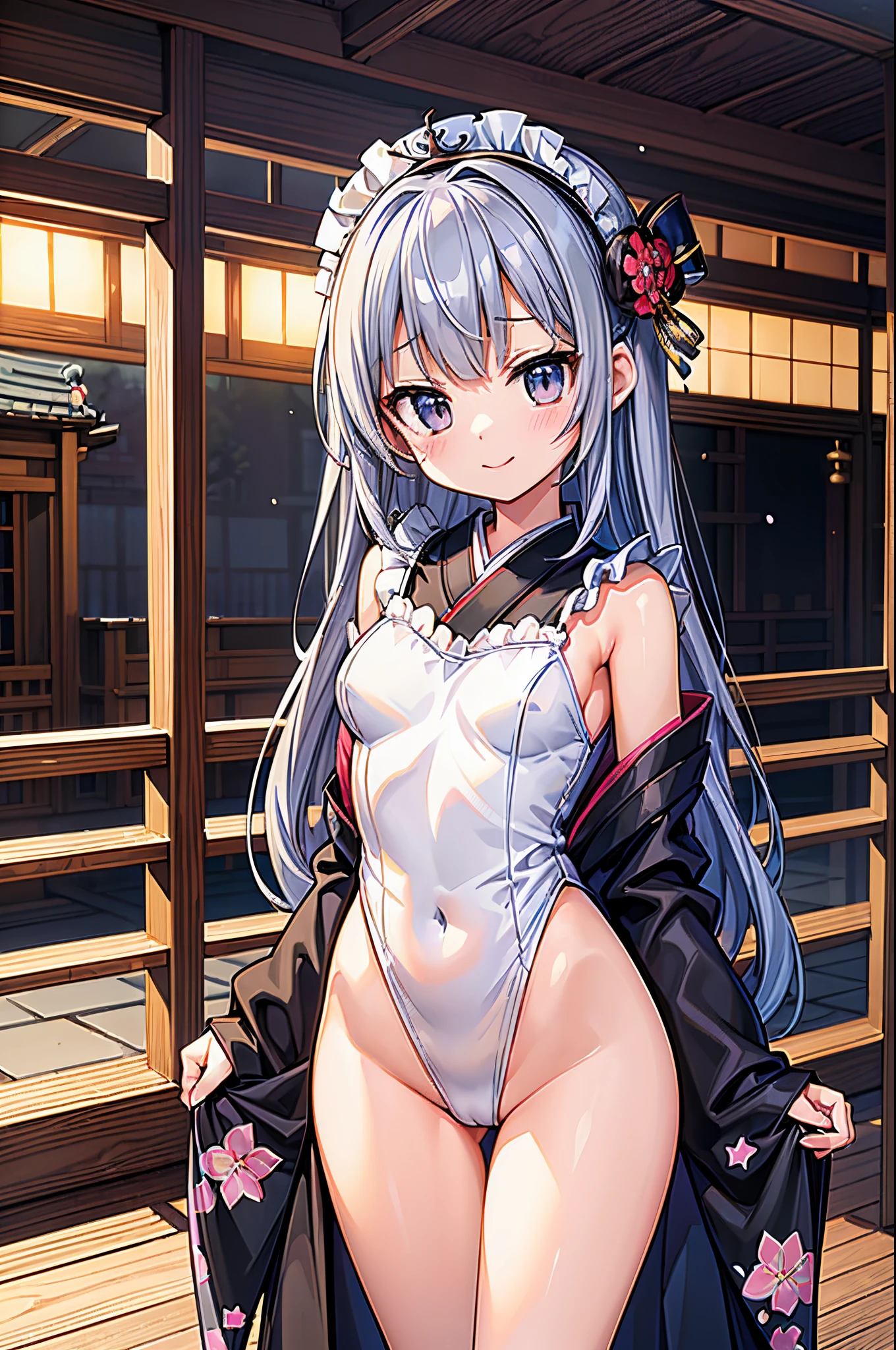 ((2D beautiful girl、4k、8k、top-quality、Perfect Finger 1.1、Perfect Anatomy 1.1、Dress perfectly、Beautiful illustration))、Blur the background、a beautiful slender girl、(transform sequence)、((stright long hair))、Soio、Soio、12 year old girl、japanes、Lori、Chiquita、a junior high school student、very beautiful big droopy eyes、((Kimono style maid leotard))、(highleg)、Tiara on the head、A smile、 Facing the front、Royal Palace Rooms、Standing on one knee、