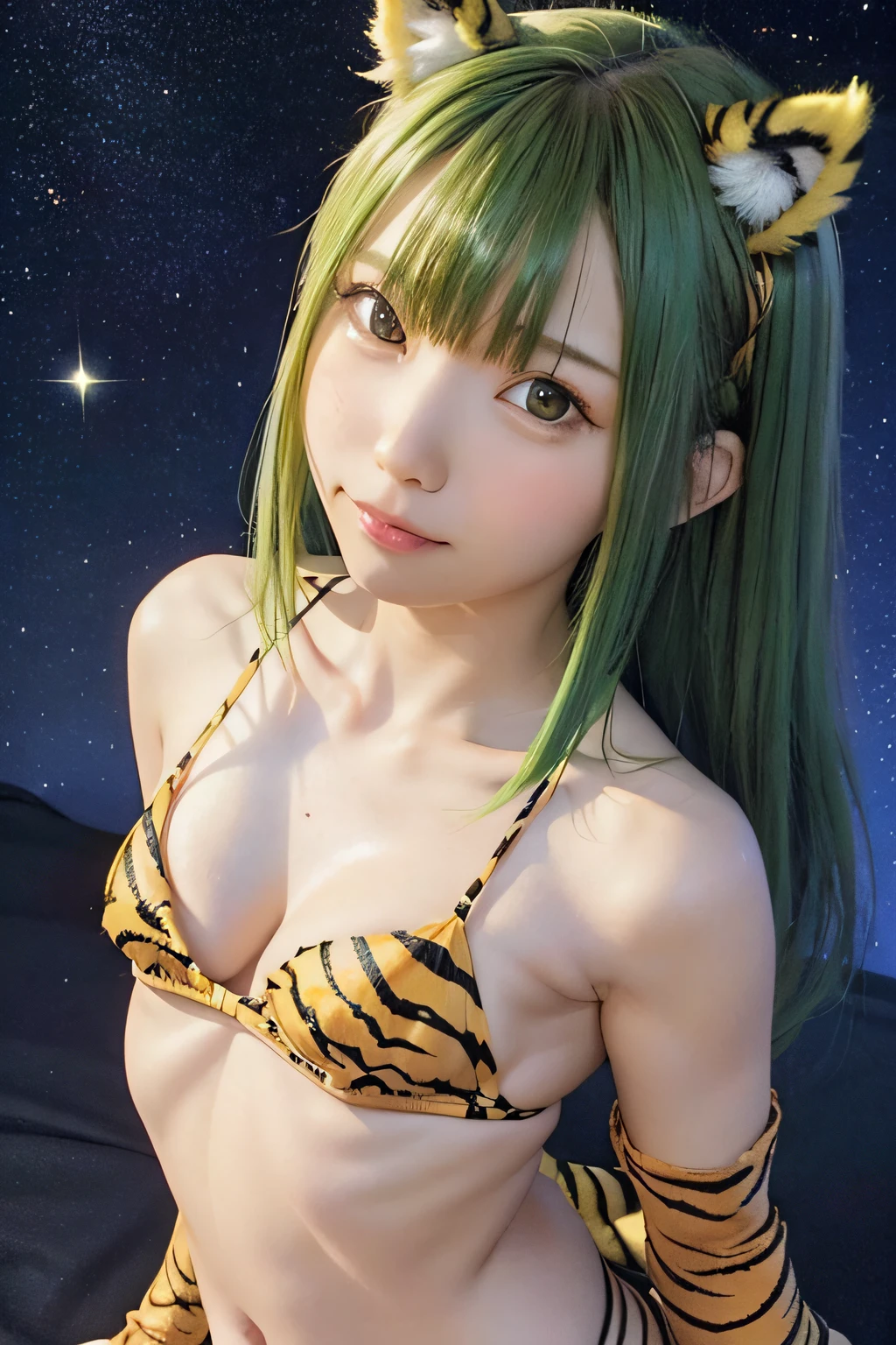 (starryskybackground)、masutepiece, Best Quality, 8K、(long green hair)、Yellow-based tiger print bikini、Tiger print boots、Yellow horn、小柄、Slimed、flat body、(small tits:1.5)