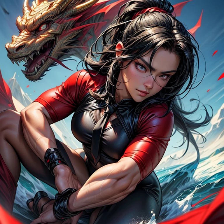 (masterpiece,High quality,Top quality,super detail, best quality ,),1woman,beautiful face,Face details,six pack,long black hair,tie hair,fighter,dragon punch,Red leotard,skin details,fantasy,full body,