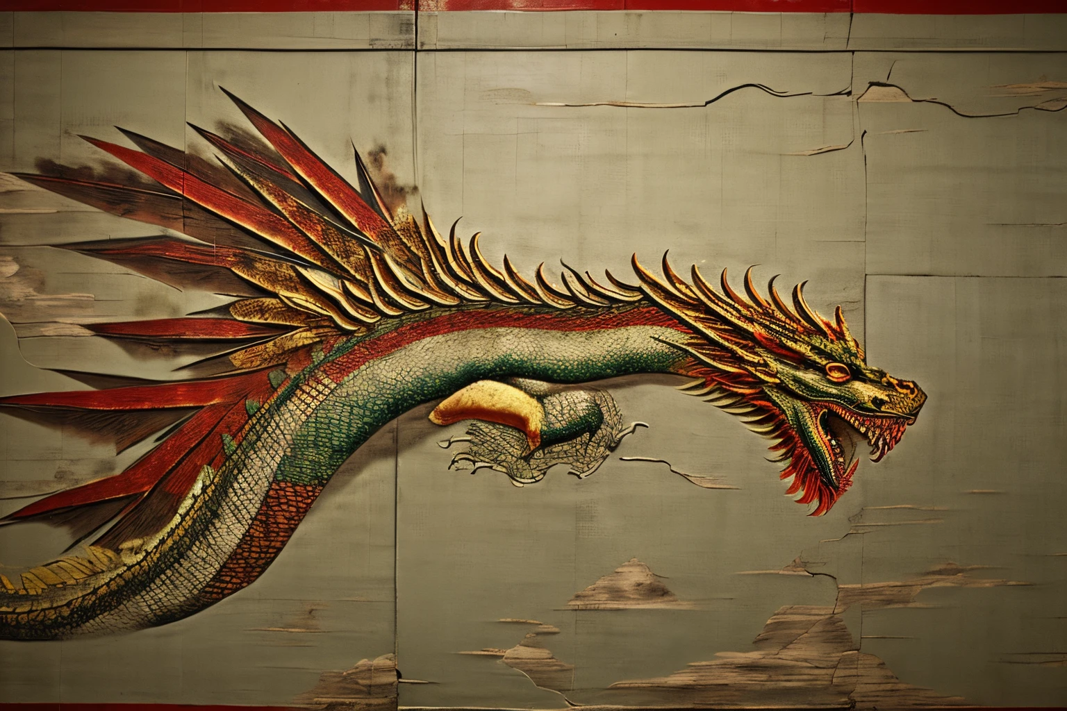 Aged mural of a Chinese long dragon, old fresco, Chinese long dragon, aging effect, crack effect, ancient art, tmasterpiece