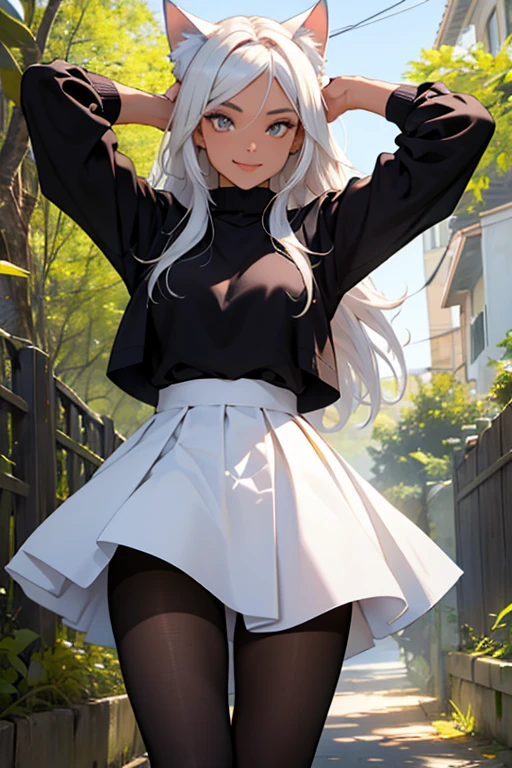 foto de corpo inteiro, todo o corpo , cat ears on the head of a beautiful young woman wearing a short skirt, usando meias preta longas e sueterpreto apertado ,corpo inteiro na foto,floresta a noite varias luzes,belas coxas, coxas lindas belhos olhos escuros detalhados, sueter branco apertado,maio apertado , tight pantyhose, mini saia , ceu limpo a noite com estrelas numa floresta a noite,short curto linda jovem, olhos sedutores feminino.CABELO CURTO PRETO((CABELOS CURTO PRETO))salto alto, em pe, salto alto preto
belos sorriso