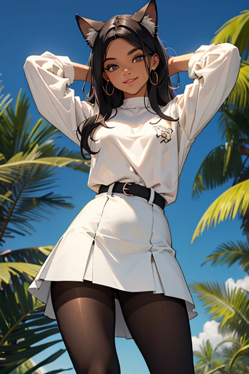 foto de corpo inteiro, todo o corpo , cat ears on the head of a beautiful young woman wearing a short skirt, usando meias preta longas e sueterpreto apertado ,corpo inteiro na foto,floresta a noite varias luzes,belas coxas, coxas lindas belhos olhos escuros detalhados, sueter branco apertado,maio apertado , tight pantyhose, mini saia , ceu limpo a noite com estrelas numa floresta a noite,short curto linda jovem, olhos sedutores feminino.CABELO CURTO PRETO((CABELOS CURTO PRETO))salto alto, em pe, salto alto preto
belos sorriso