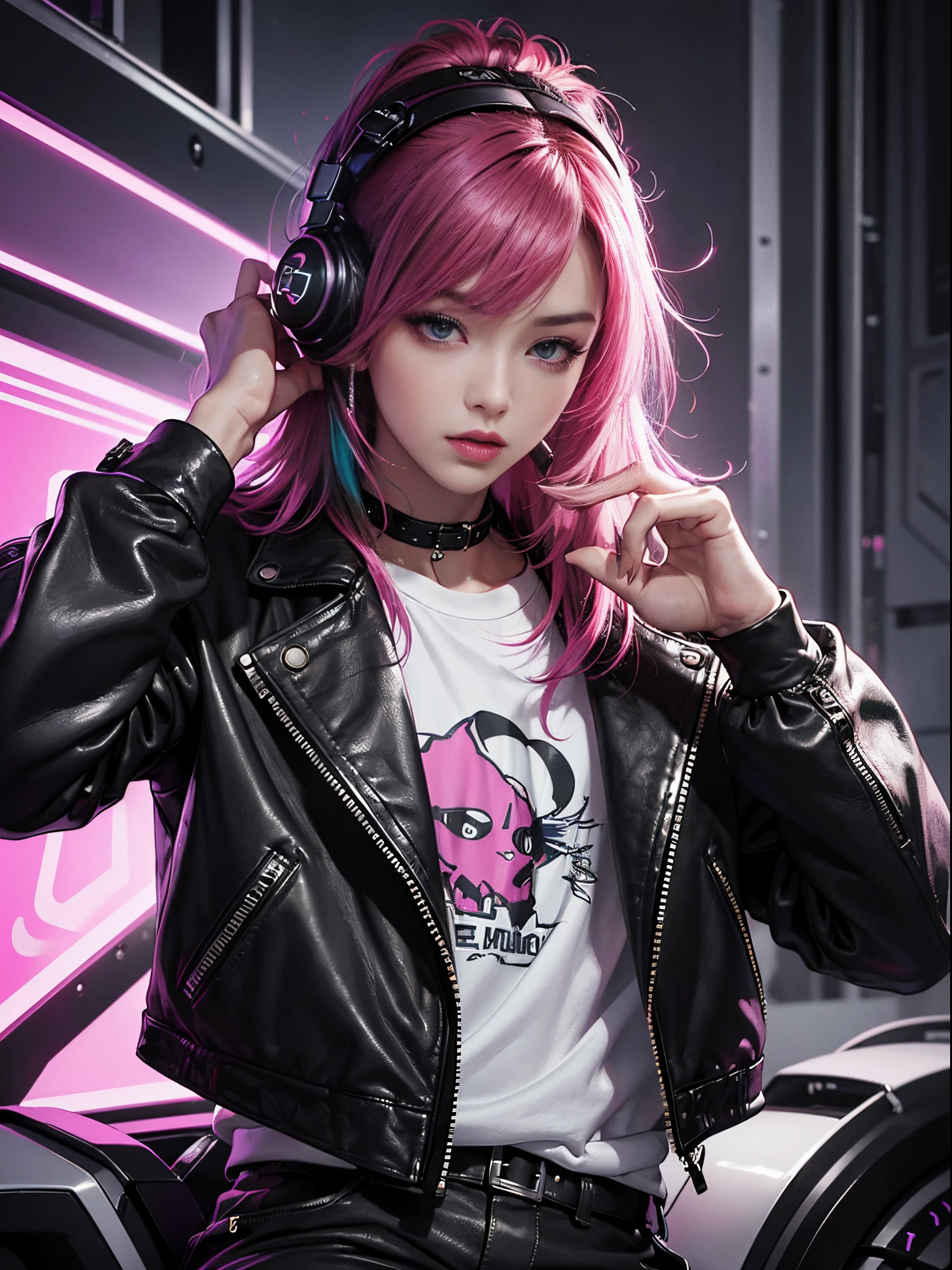 magenta tone、Vibrant colors、((​masterpiece)))、(((top-quality)))、((ultra-detailliert))、(A hyper-realistic)、(highly detailed CGillustration）、Official art、CD cover、cyberpunked、Metaverse、Near Future City、Neon light、 art district、It will be、Stylish、Cool Beauty、Coquettish、Gorgeous beauty、multicolored hair、head phone、Rock 'n' Roller、leather jackets、tight black male solo、Perfect Angle、perfect-composition、