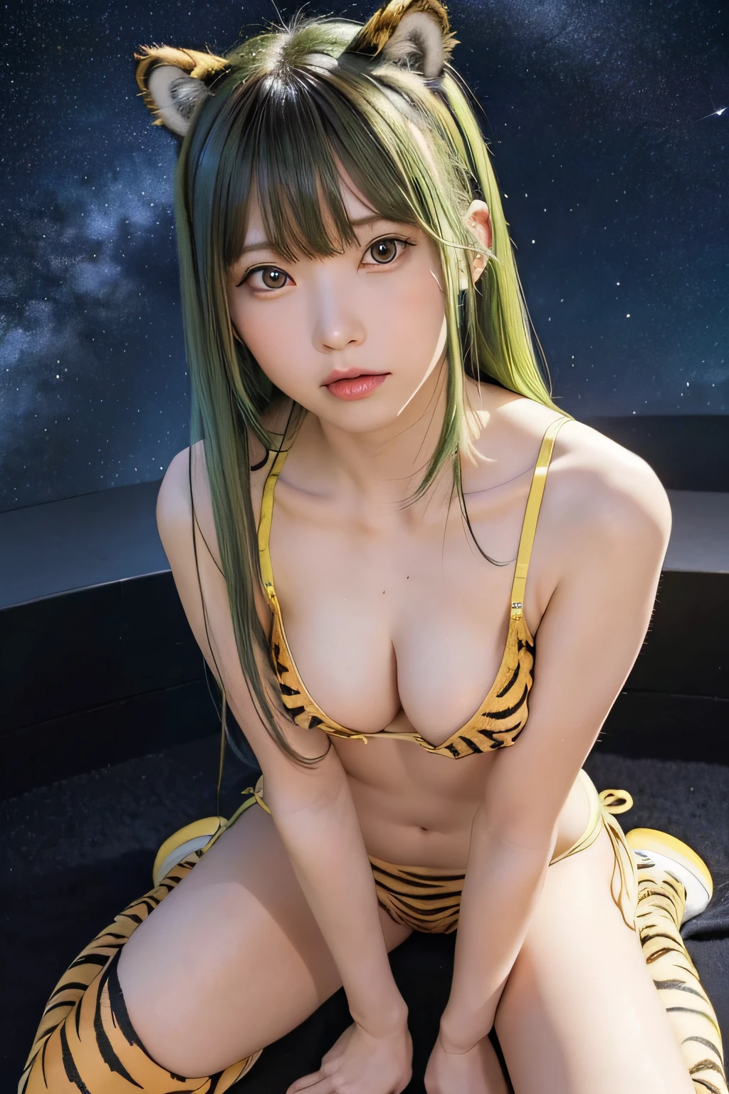 (starryskybackground)、masutepiece, Best Quality, 8K、(long green hair)、Yellow-based tiger print bikini、Tiger print boots、Yellow horn、小柄、Slimed、flat body、(small tits:1.5)