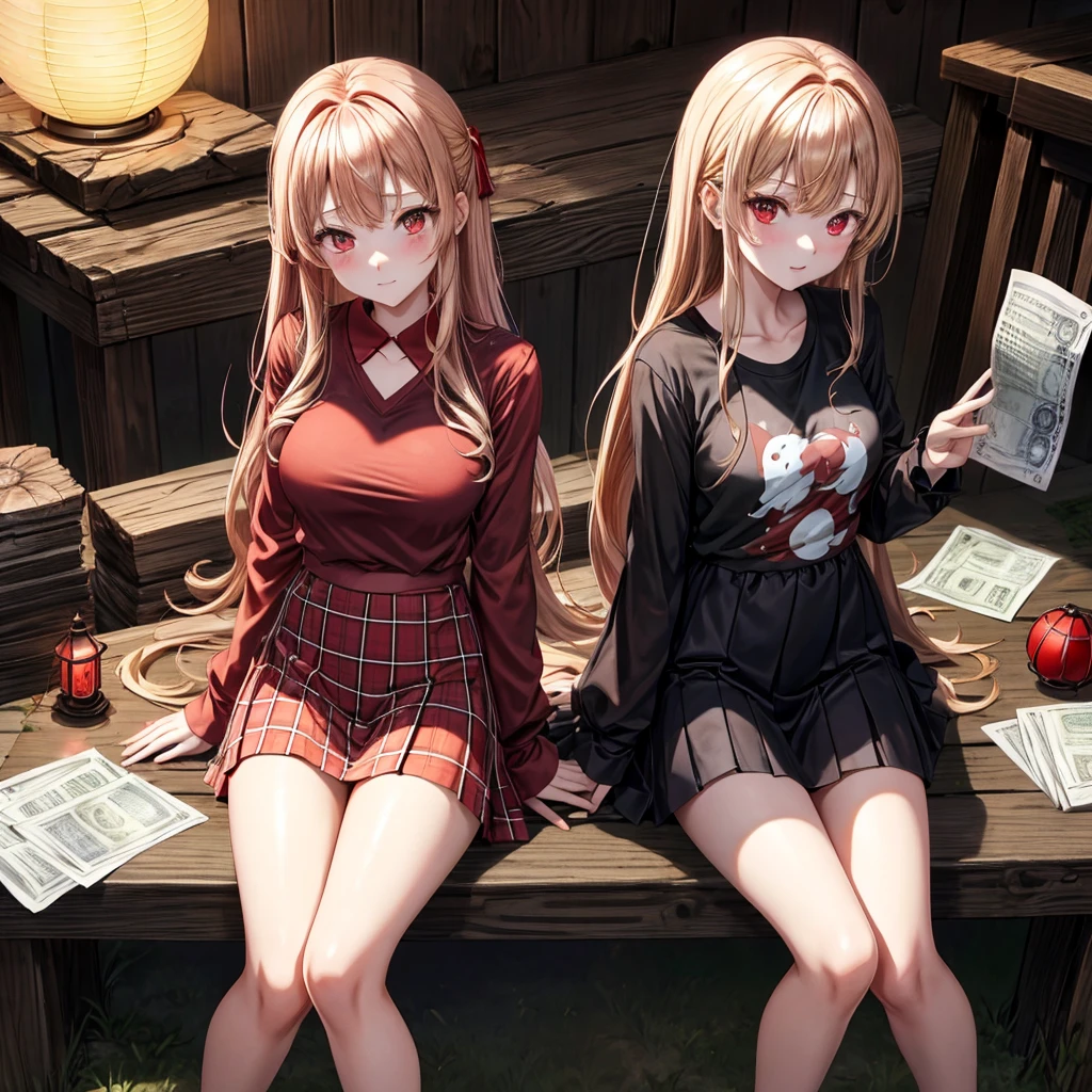 Red-blonde、red eyes、one good looking girl、独奏、animesque、lightly dressed、Plaid miniskirt、wetting hair、sitting on、Black T-shirt、rotting wood、fullmoon、monster castle、lantern、I have a wad of children's bank notes.