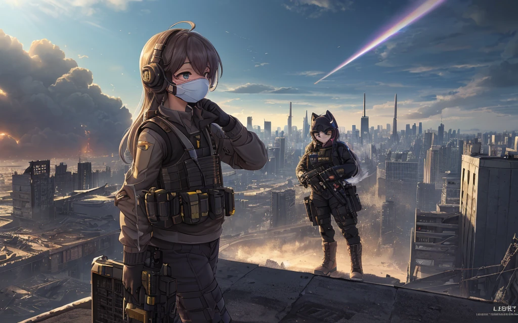((high qulity)), ((tmasterpiece)), 8K, 2 girls, bulletproof vest, llight rays, extremely detaild的 CG unified 8k wallpapers, GameCG, looking at viewert, mitts, boots, full bodyesbian, Wrist watch, Computer, masks, UAVs, holdingweapon, Earphone, jaket, (Destroyed city in the background , blasts , smokes