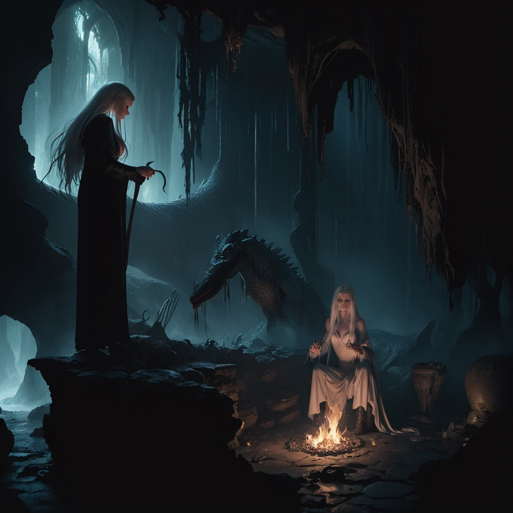 Alligator head witch with woman body, com garras, alligator head and a horrifying voice, long and messy white hair, pale skinned, Corpo inteiro, sombrio, in front of a huge boiling cauldron, cem uma caverna, imagem 4k