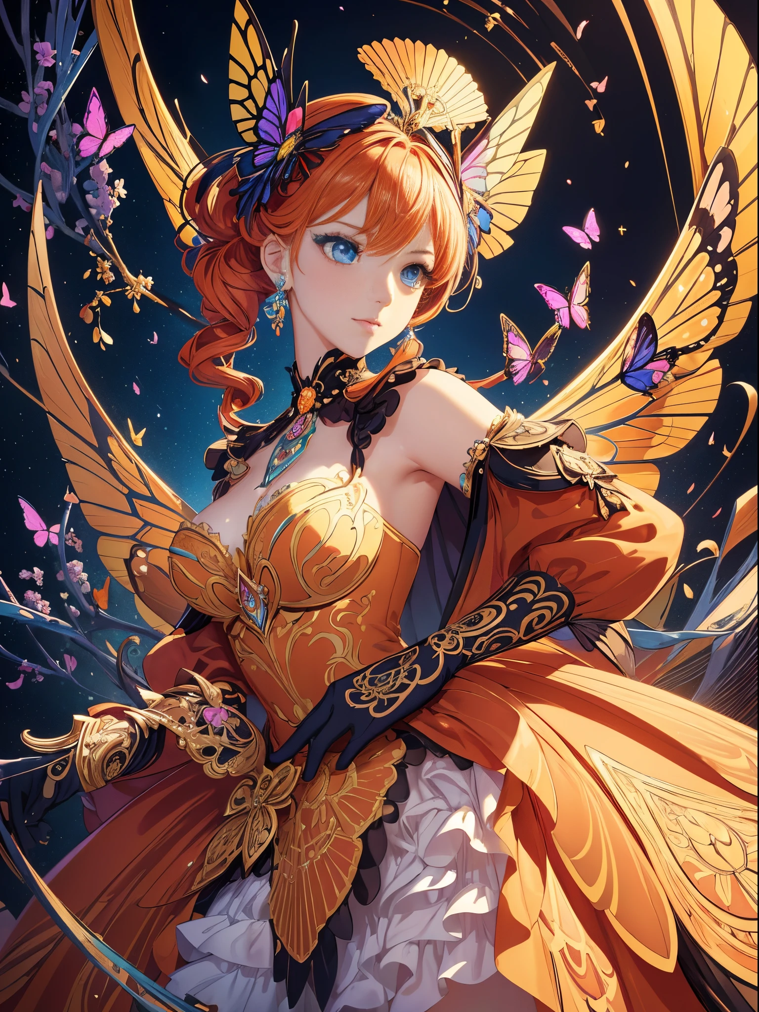 Butterfly motif、orange undertone、Vibrant colors、((​masterpiece)))、(((top-quality)))、((ultra-detailliert))、(A hyper-realistic)、(highly detailed CGillustration）、Official art、Luxembourg in the early 20th century、Decadent、Madame Papillon、Cool Beauty、Masquerade、sophisticated menegance、Gorgeous、Colorful and detailed mask design、matchless beauty、Fans、gorgeous dress、jewely、Female Solo、Perfect Angle、perfect-composition