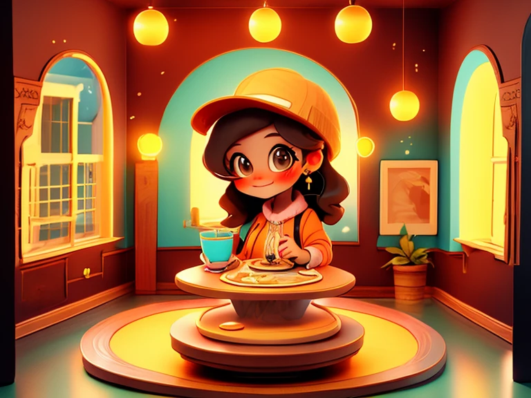 "Na acolhedora sala de sua casa, the girl drinks coffee. Os raios do sol adentram pela janela, illuminating delicate furniture. As paredes decoradas com quadros transmitem aconchego, while the girl smiles with hope as she starts the day."3d,4k, style illustrator,cute style