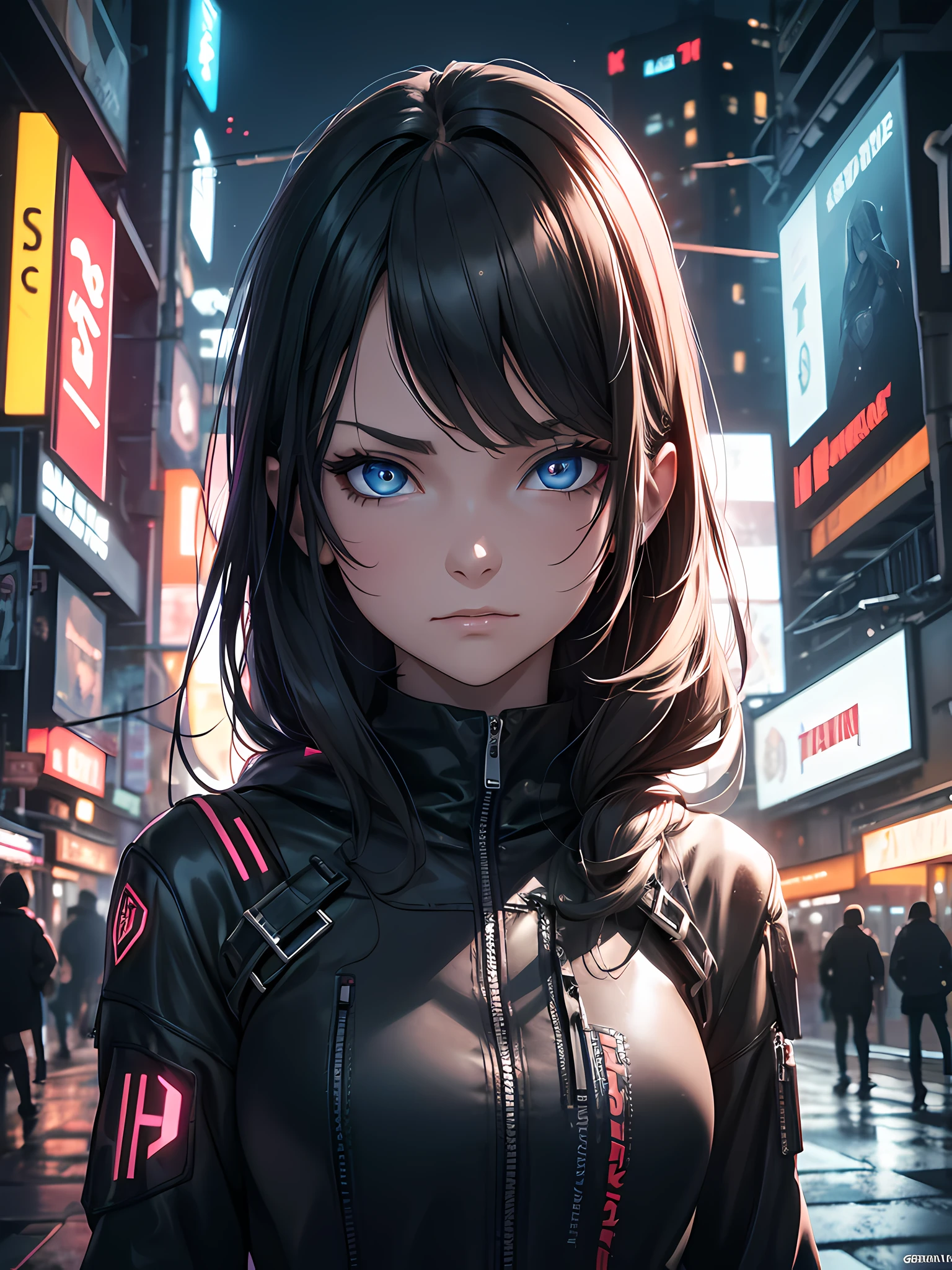 16K, HDR, RTX, raytracing, natural lighting, absurdres, best quality masterpiece, close up, highly detailed face, detailed eyes, 1girl, solo, wearing cyberpunk clothing, long hair, extreme beautiful, edgy, cool, evil aura, windy, glowing eyes, serious expressions, dystopian city, futuristic, detailed background, award winning, neon lights, trending on art station