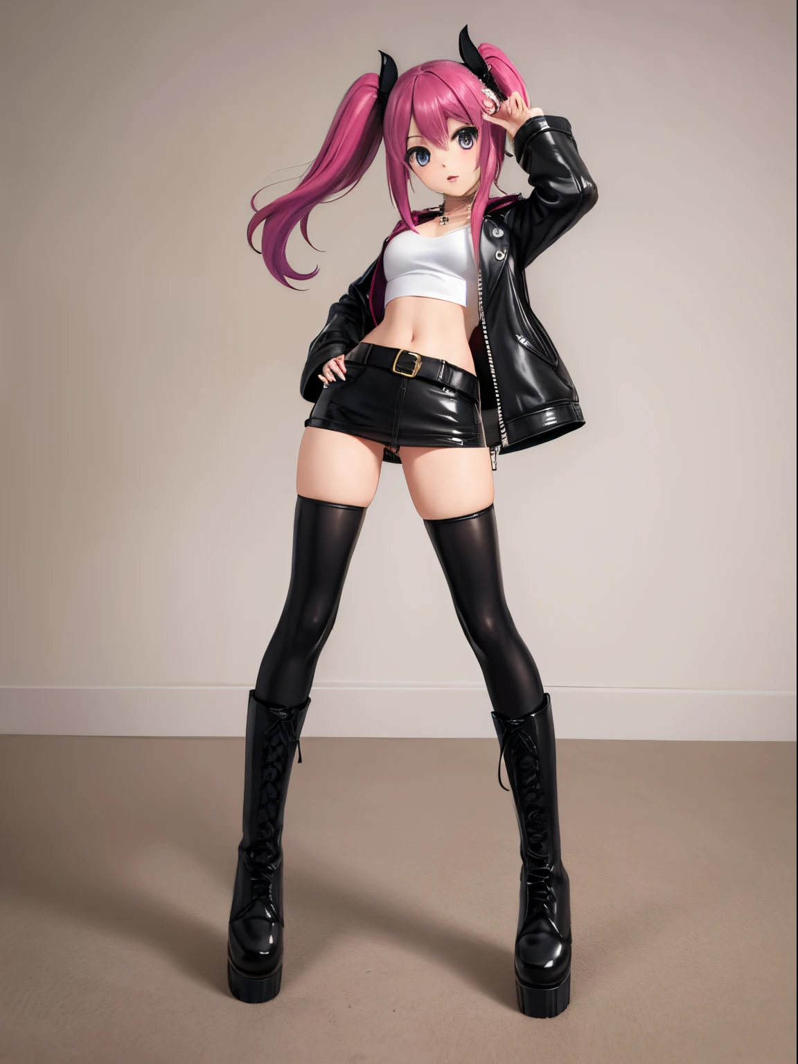 Magenta hair　poneyTail　leather jackets　Leather boots　rock style　Vocaloid