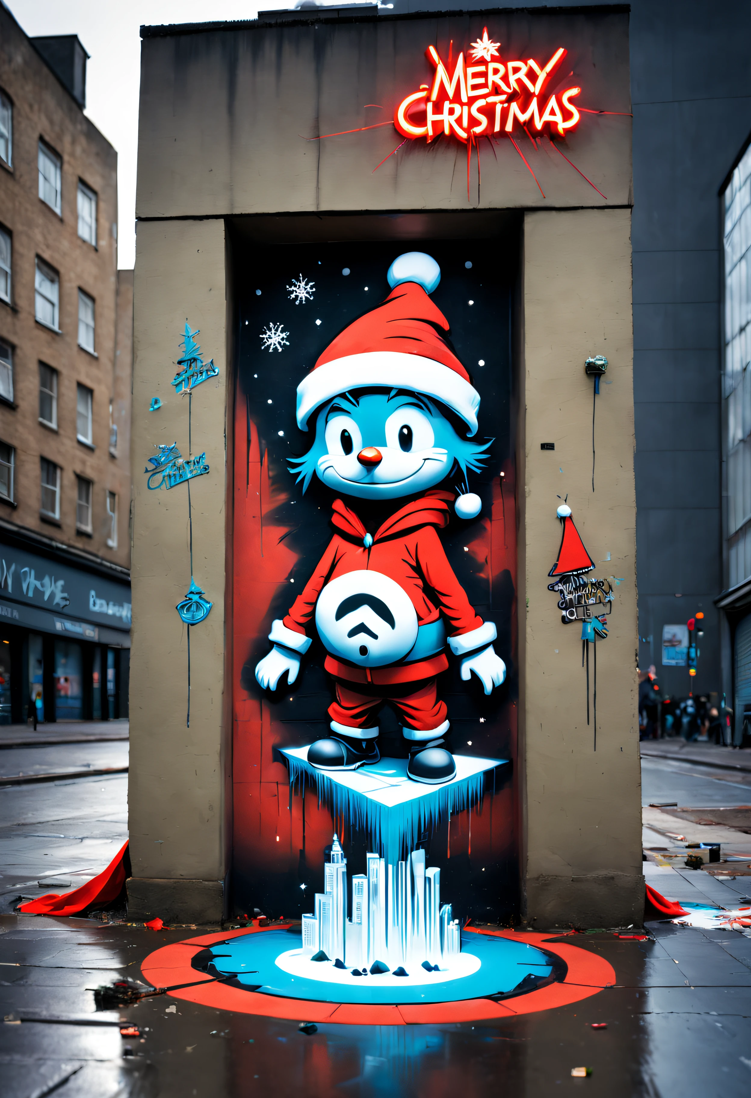 3dxmasurbanart, A three dimensional piece of christmas street art "Merry Christmas" written on the ground in skottie young style, picturing a portal opened up from another dimension with a graffiti skyscraper (banksy style)