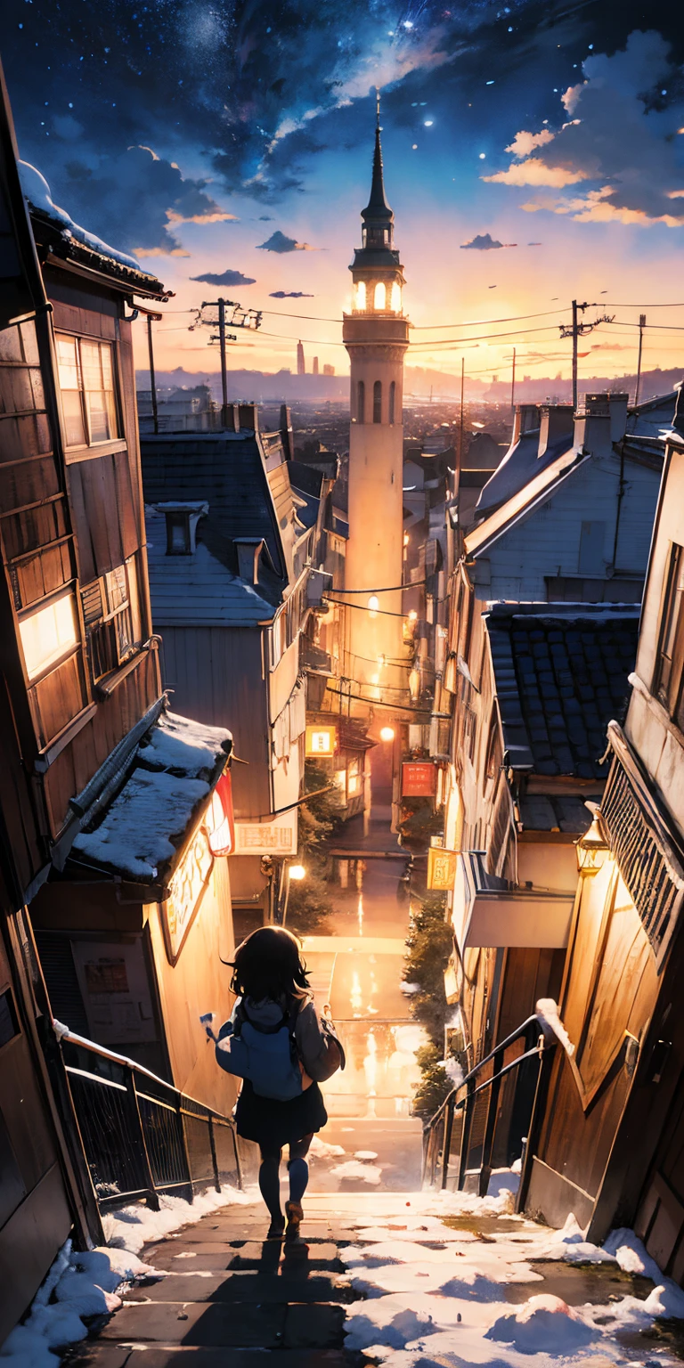 Anime landscape of a city with a tower, a person walking on a snowy path, cosmic sky. By: Makoto Shinkai, beautiful anime scenes, Makoto Shinkai, Cyril Rolando, anime background art, beautiful anime scenery, anime art wallpaper 4k, anime art wallpaper 4k, 4k anime wallpaper, anime wallpaper 4k, anime wallpaper 4k, details Reinforced, perfect detail processing.