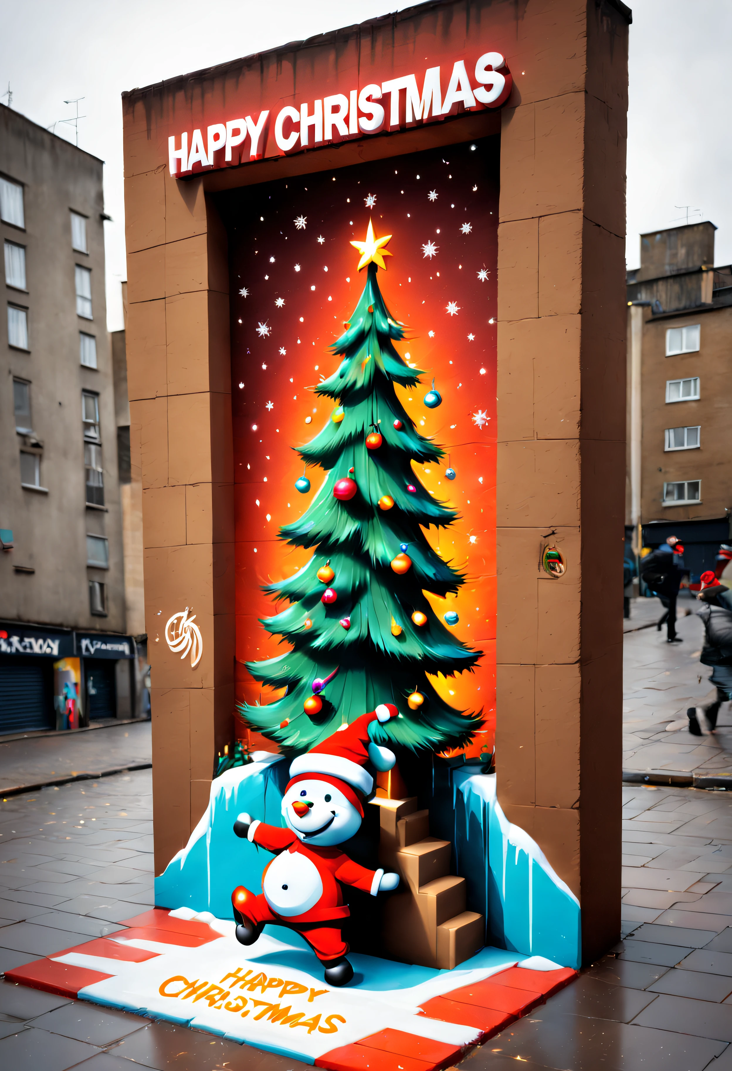 3dxmasurbanart, "Happy Christmas" written, alcove, isometric, 3d, jumping, platform christmas tree, reindeer