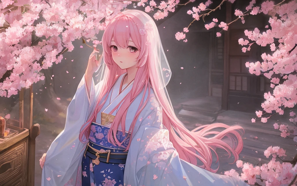 Surreal, The  very detailed, and a high-resolution 16k image of a young man, Beautiful female ghost or patron saint. She has light pink hair and translucent skin, Wearing a traditional Japanese kimono，There  a small cherry blossom pattern on the belt. the image captures the ethereal beauty and mystery of the spirit world. Style inspired by sophistication, Soft aesthetics in traditional Japanese art.