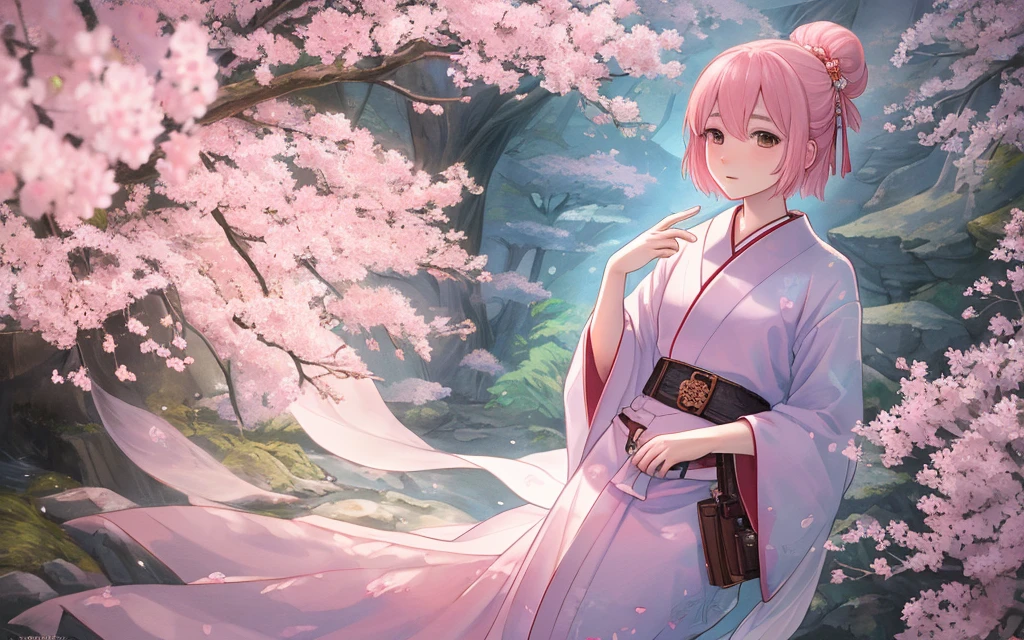 Surreal, The very detailed, and a high-resolution 16k image of a young man, Beautiful female ghost or patron saint. She has light pink hair and translucent skin, Wearing a traditional Japanese kimono,There a small cherry blossom pattern on the belt. the image captures the ethereal beauty and mystery of the spirit world. Style inspired by sophistication, Soft aesthetics in traditional Japanese art.