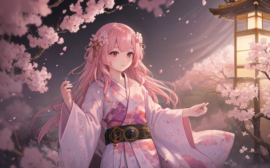 Surreal, The very detailed, and a high-resolution 16k image of a young man, Beautiful female ghost or patron saint. She has light pink hair and translucent skin, Wearing a traditional Japanese kimono,There a small cherry blossom pattern on the belt. the image captures the ethereal beauty and mystery of the spirit world. Style inspired by sophistication, Soft aesthetics in traditional Japanese art.